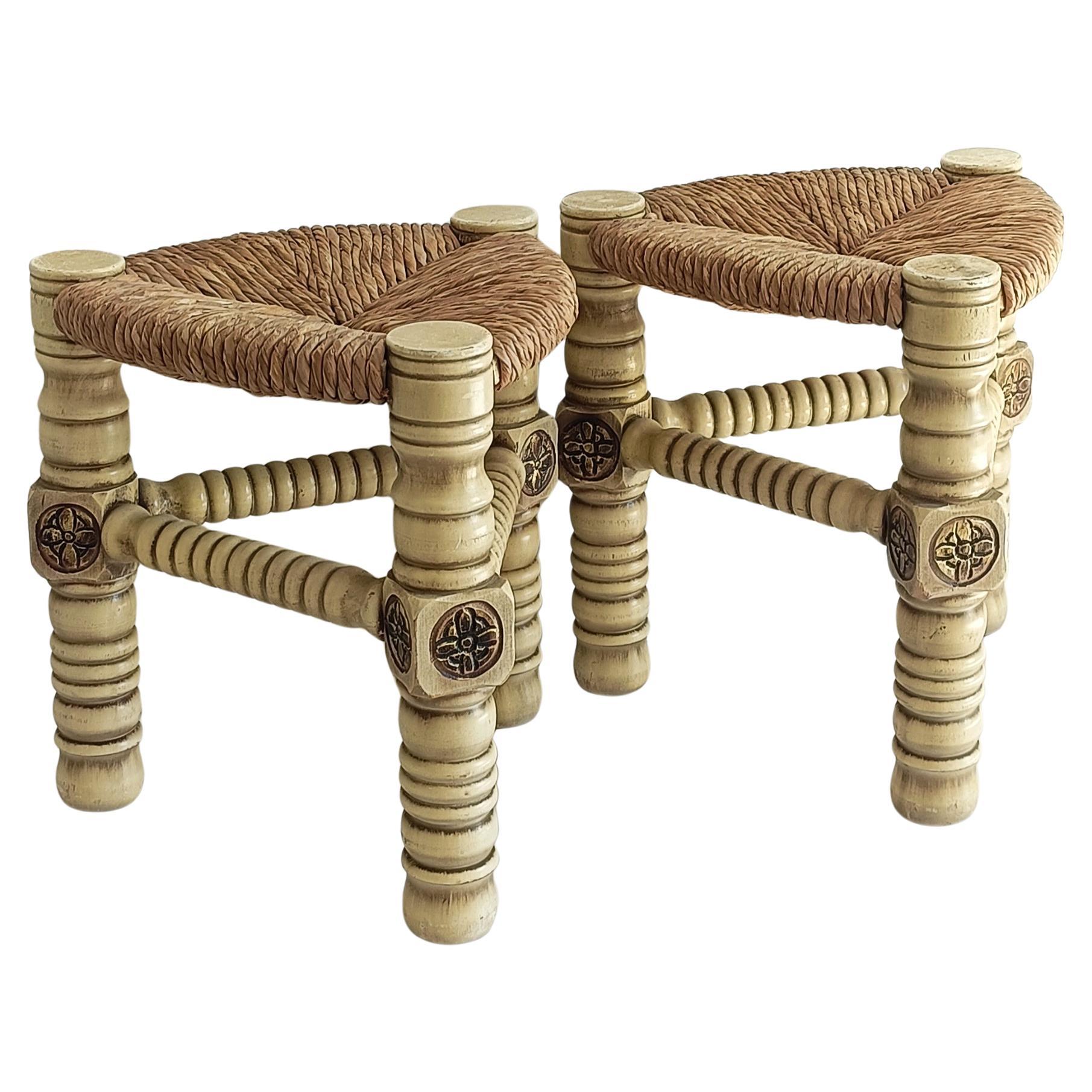 XX secolo Brutalista di metà secolo  Coppia di sgabelli in Wood e fibra naturale, Belgio, anni '60 in vendita