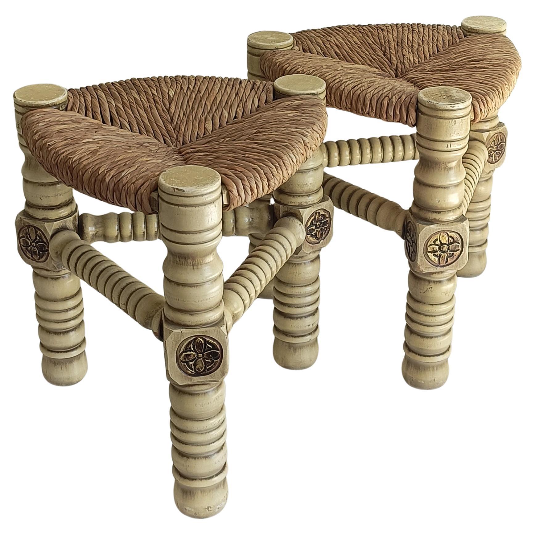Brutalista di metà secolo  Coppia di sgabelli in Wood e fibra naturale, Belgio, anni '60