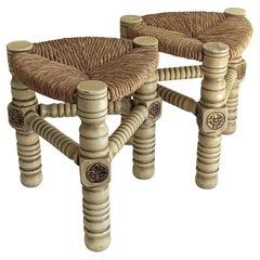 Mid Century Brutalist  Pair of Stools in Wood and Natural Fiber, Belgium 1960s