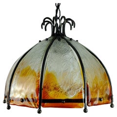 brutalist mid century PENDANT LAMP wrought iron and wonderful murano glass