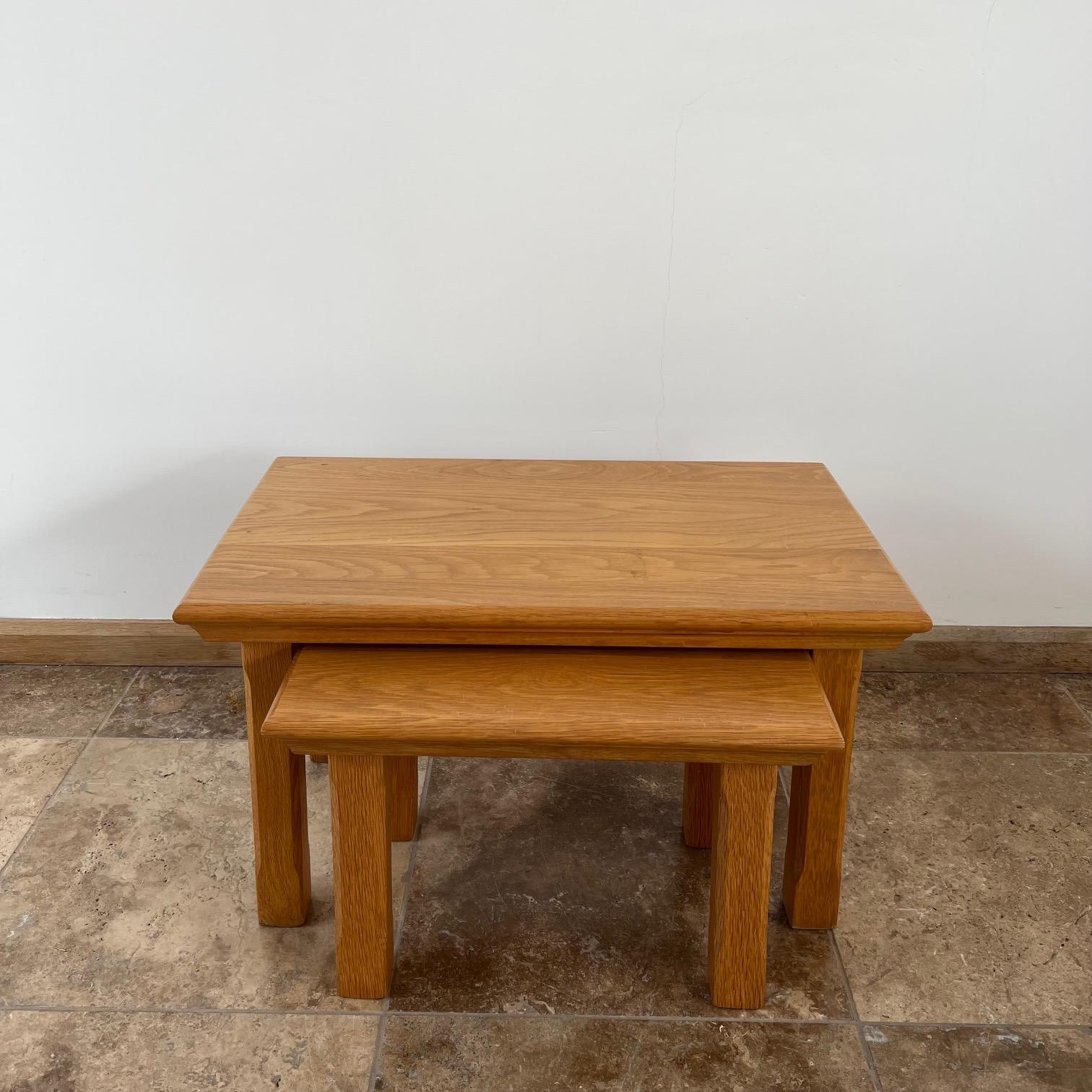 Two nesting tables. 

Holland, c1970s. 

Formed in oak. 

Useful side tables or as a nest. 

Smaller table is 30.5 H x 43 W x 31.5 D in cm. 

Location: London Gallery.

Dimensions: 35.5 H x 60 W x 36.5 D in cm.

Delivery: POA

 