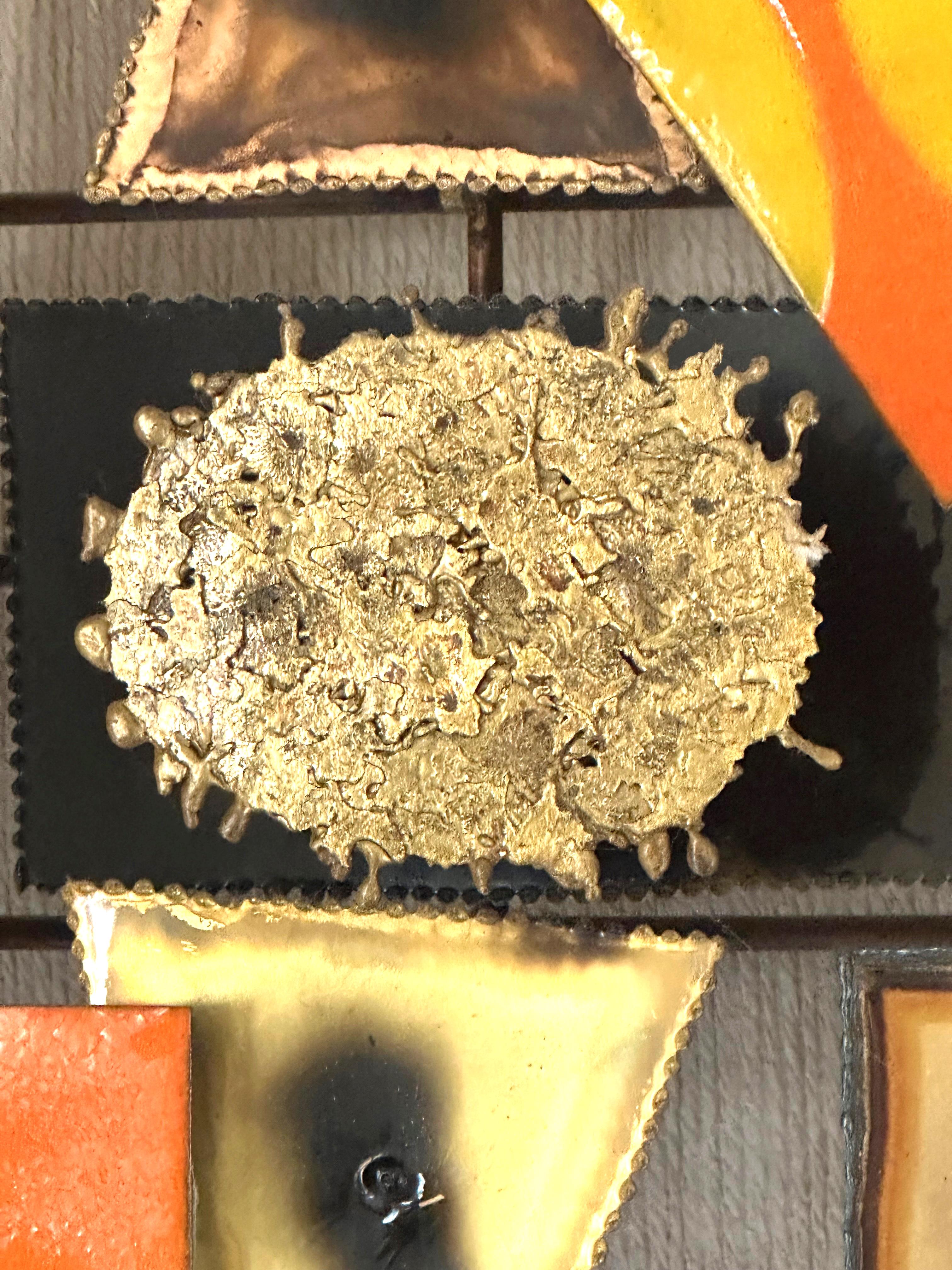 Brutalist Mid-Century Wall Sculpture in Mixed Metals by Jorge, Signed For Sale 4