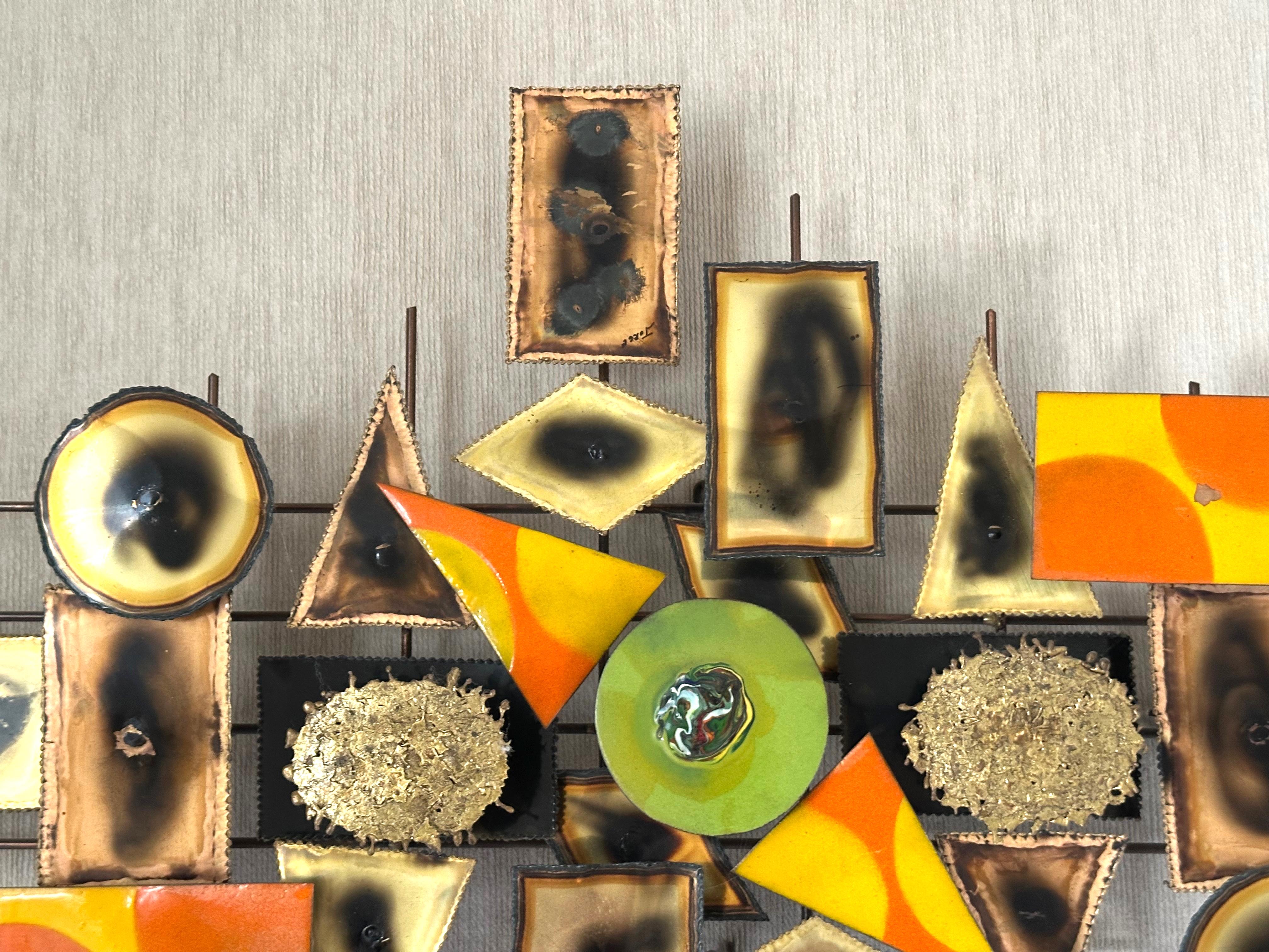 Mexican Brutalist Mid-Century Wall Sculpture in Mixed Metals by Jorge, Signed For Sale