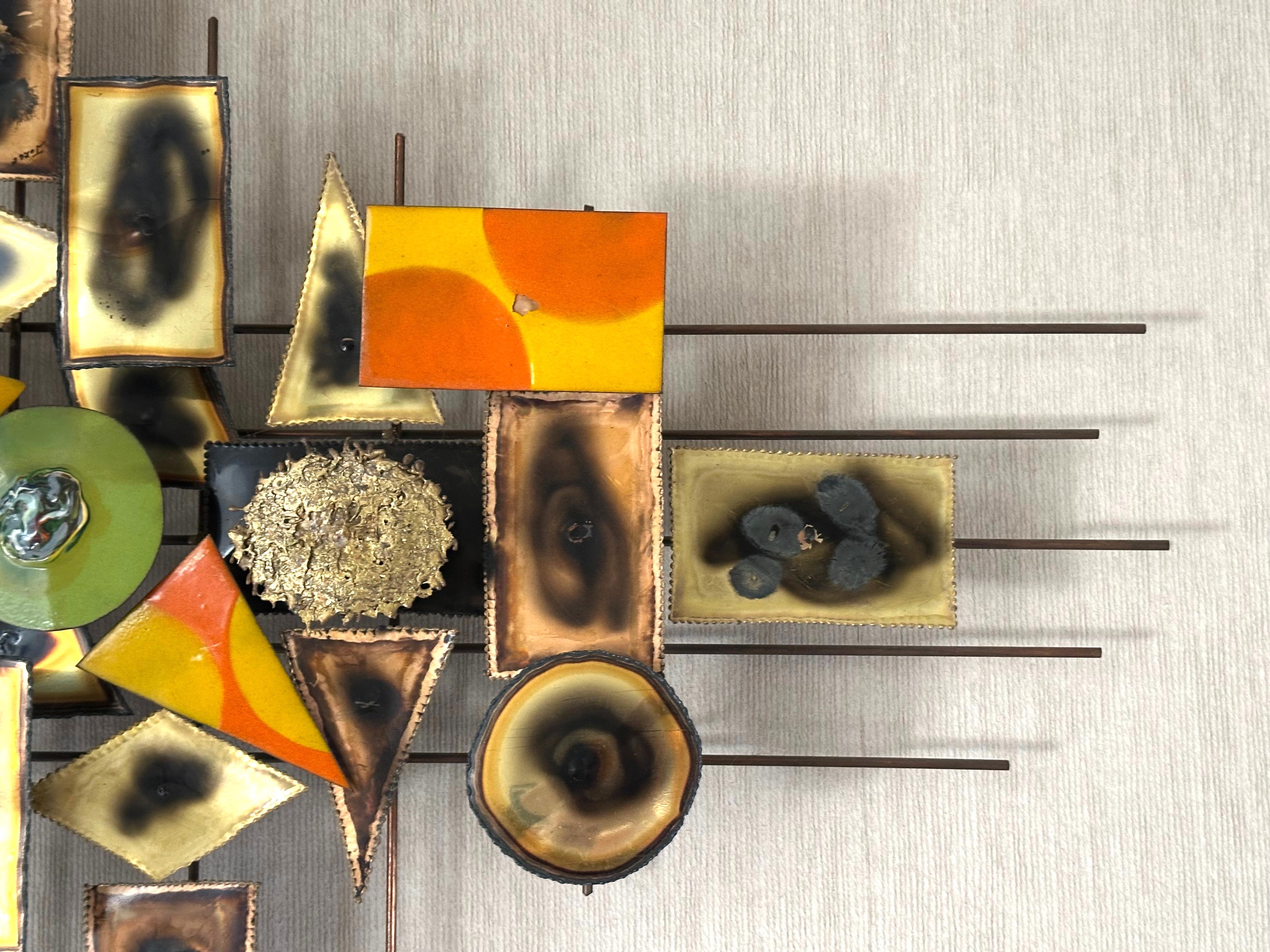 Brutalist Mid-Century Wall Sculpture in Mixed Metals by Jorge, Signed In Good Condition For Sale In Littleton, CO