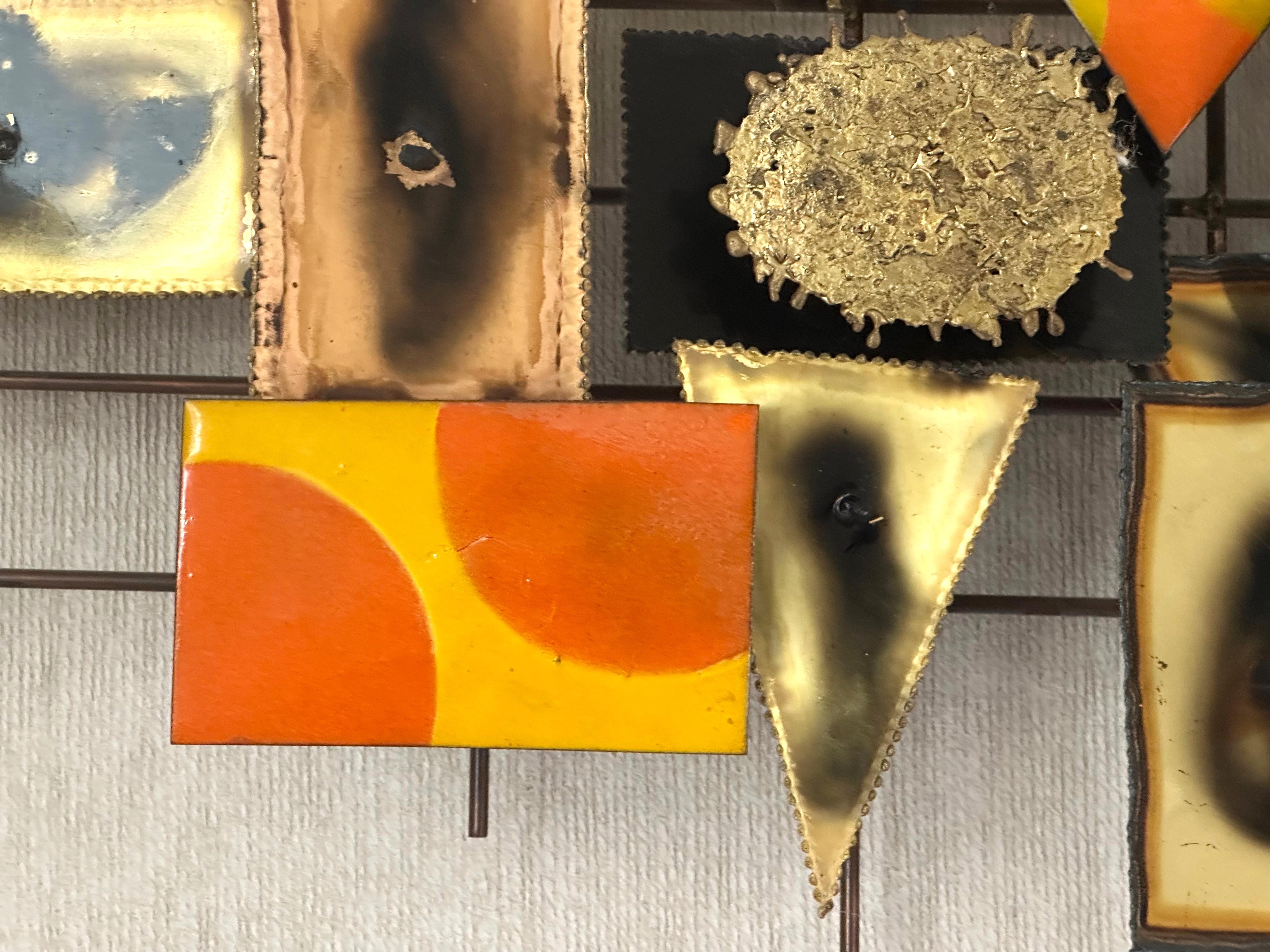 Late 20th Century Brutalist Mid-Century Wall Sculpture in Mixed Metals by Jorge, Signed For Sale