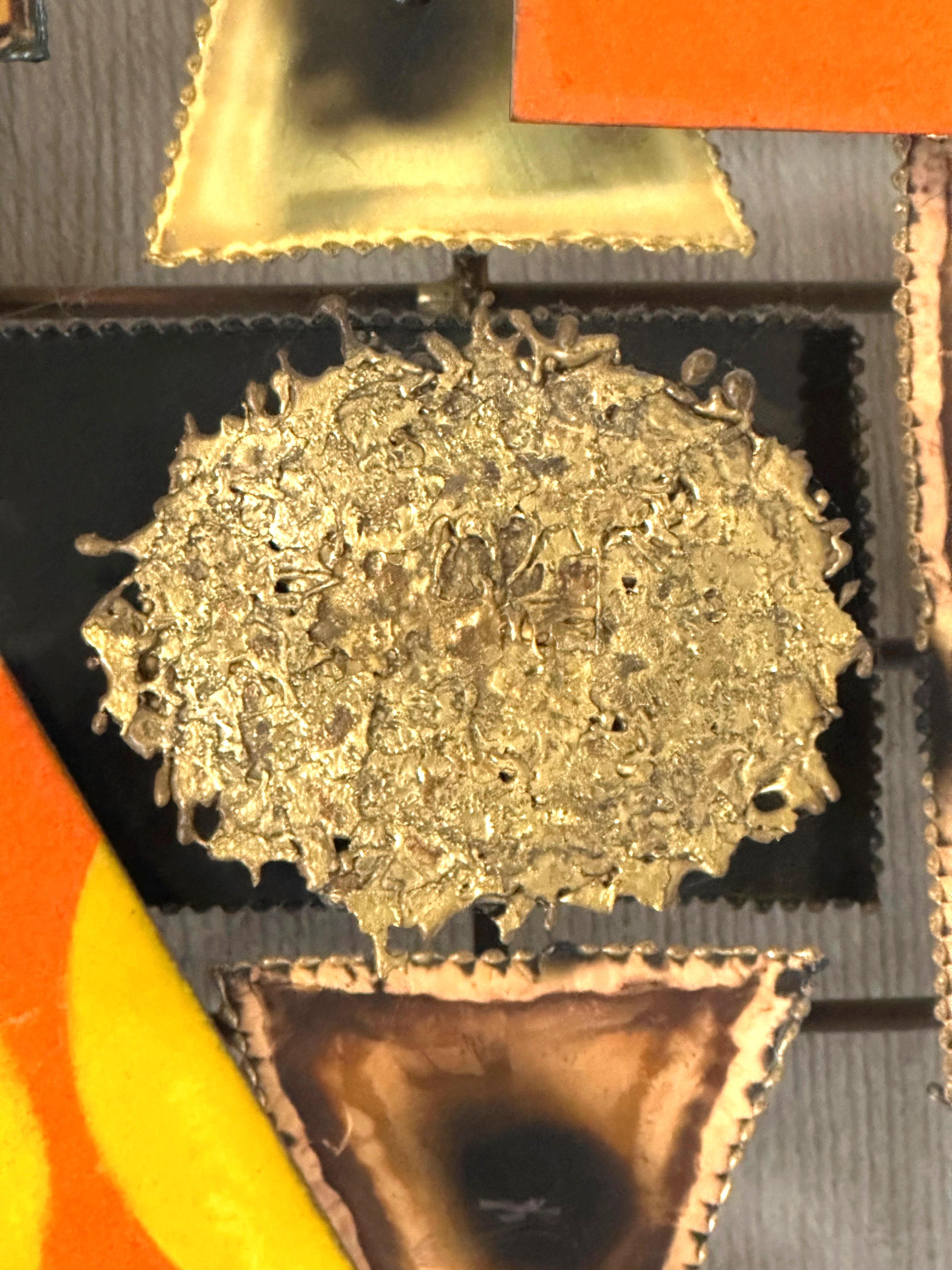 Brutalist Mid-Century Wall Sculpture in Mixed Metals by Jorge, Signed For Sale 3