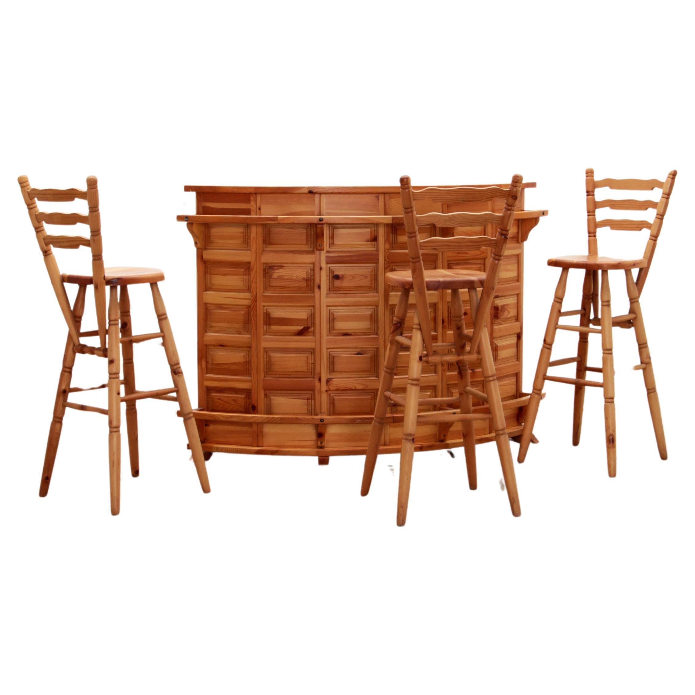 Brutalist Mid-Century Wooden Bar with 3 Bar Chairs, 1970s For Sale