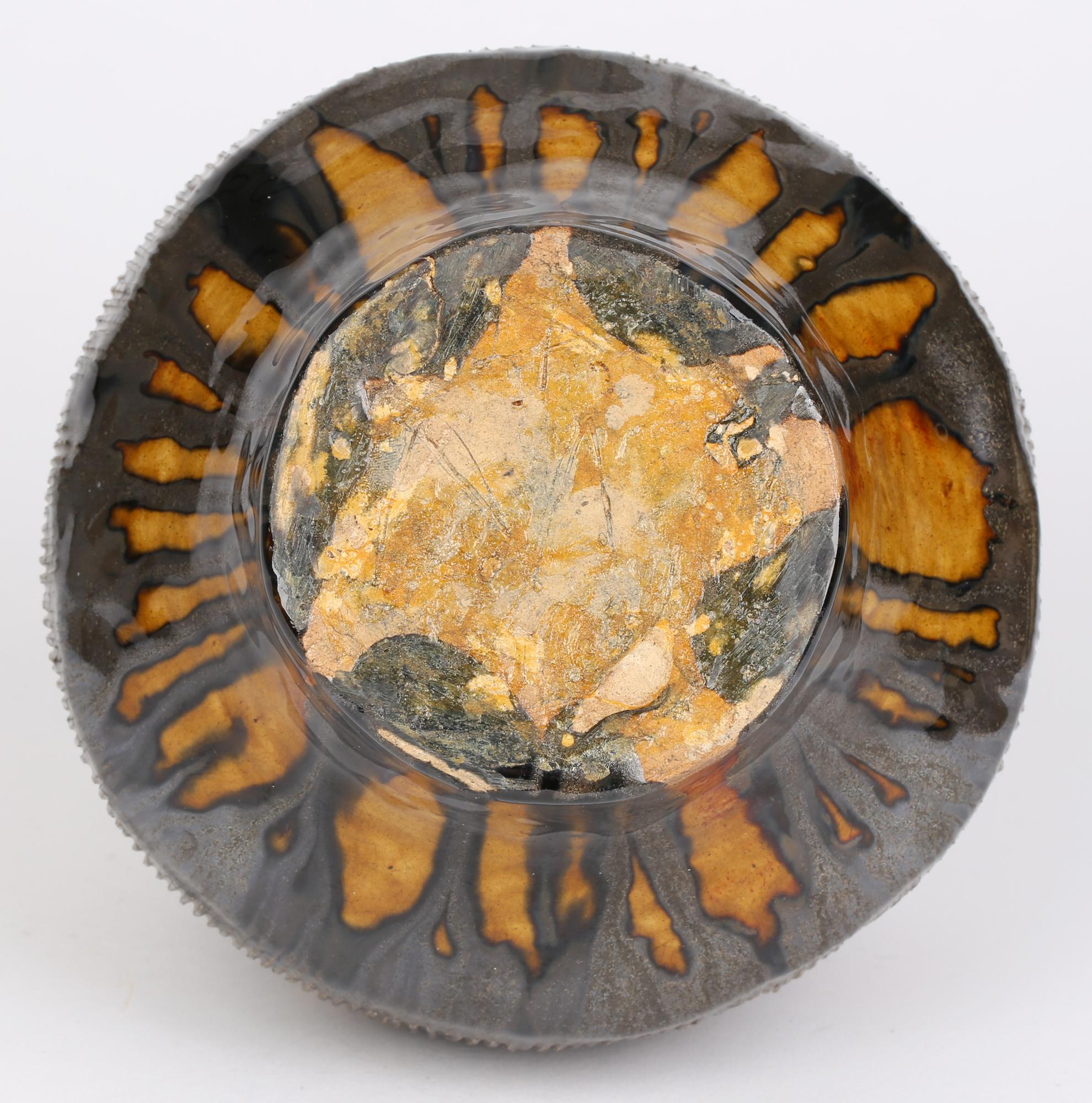 Brutalist Mid-Century Yellow & Green Streak Glazed Studio Pottery Vase For Sale 2