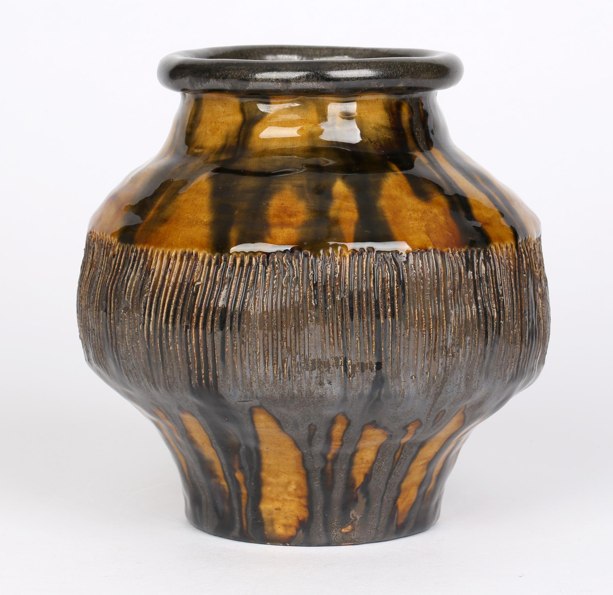 Brutalist Mid-Century Yellow & Green Streak Glazed Studio Pottery Vase For Sale 4