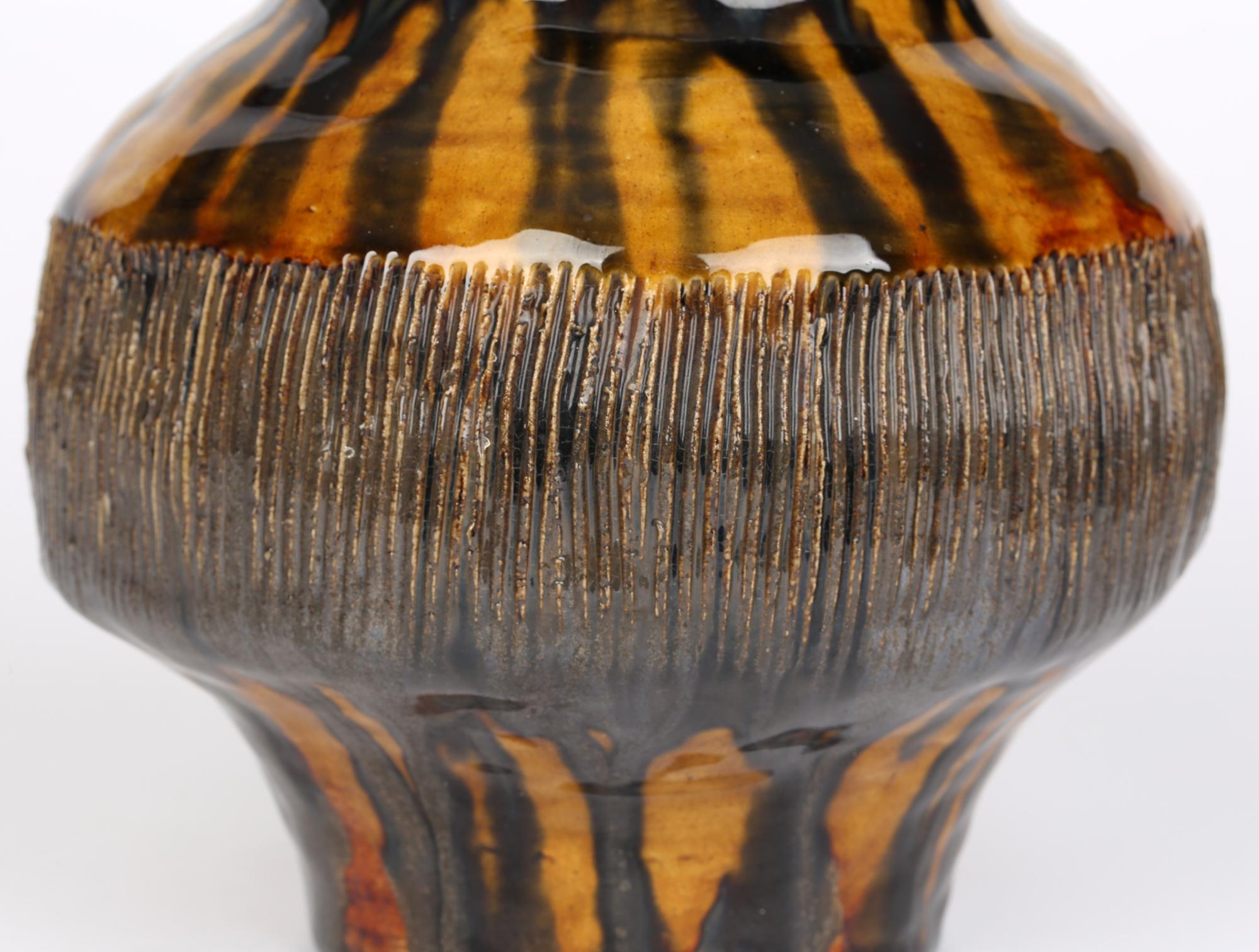 Brutalist Mid-Century Yellow & Green Streak Glazed Studio Pottery Vase For Sale 6