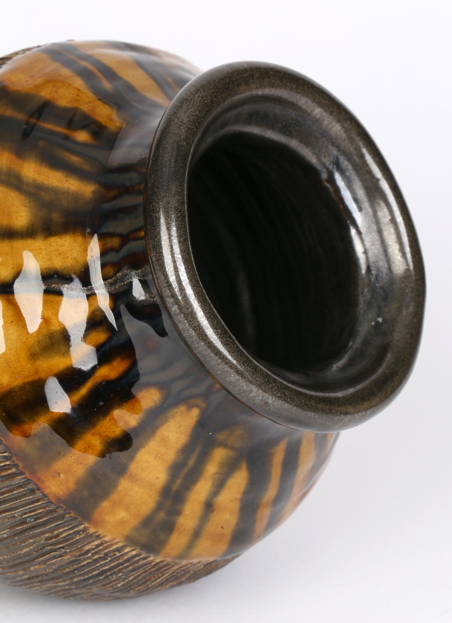 Hand-Painted Brutalist Mid-Century Yellow & Green Streak Glazed Studio Pottery Vase For Sale