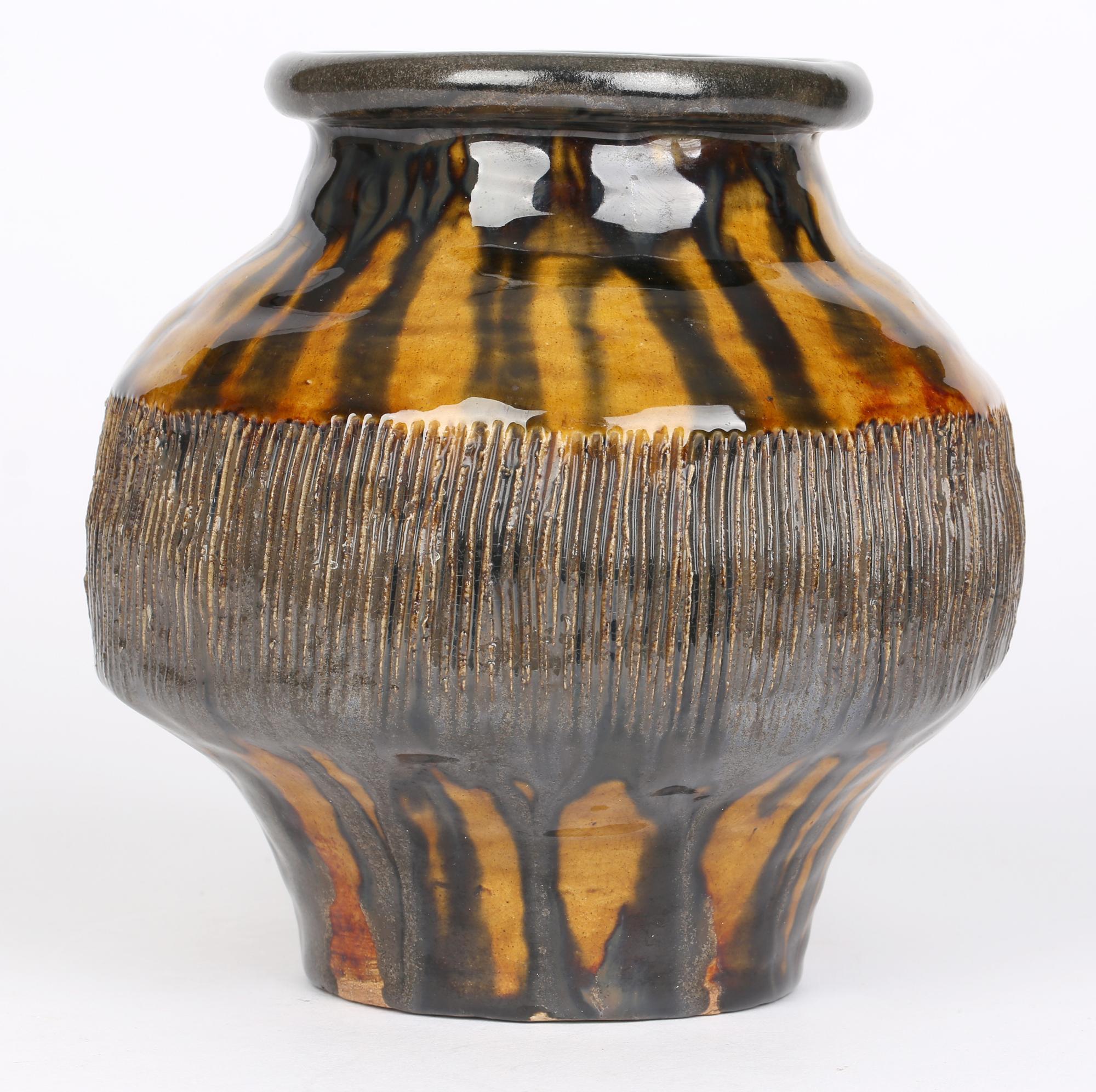 Stoneware Brutalist Mid-Century Yellow & Green Streak Glazed Studio Pottery Vase For Sale