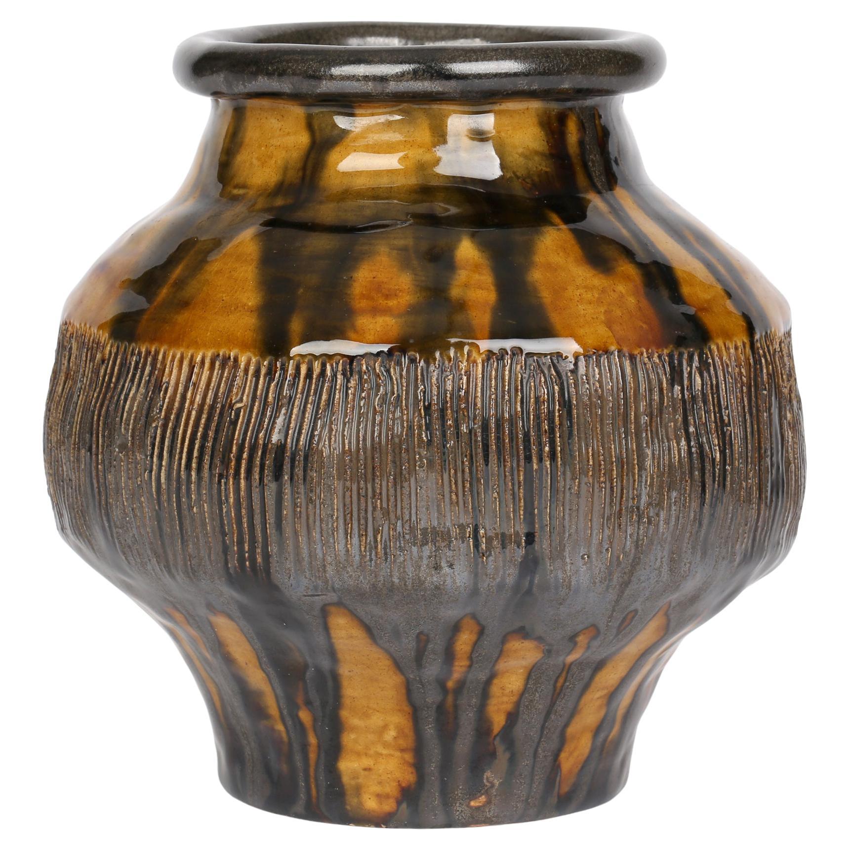 Brutalist Mid-Century Yellow & Green Streak Glazed Studio Pottery Vase
