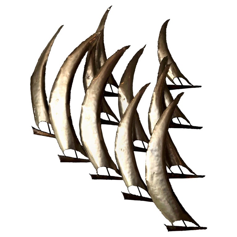 Brutalist Midcentury Copper and Brass Sail Boat Fleet Wall Sculpture at