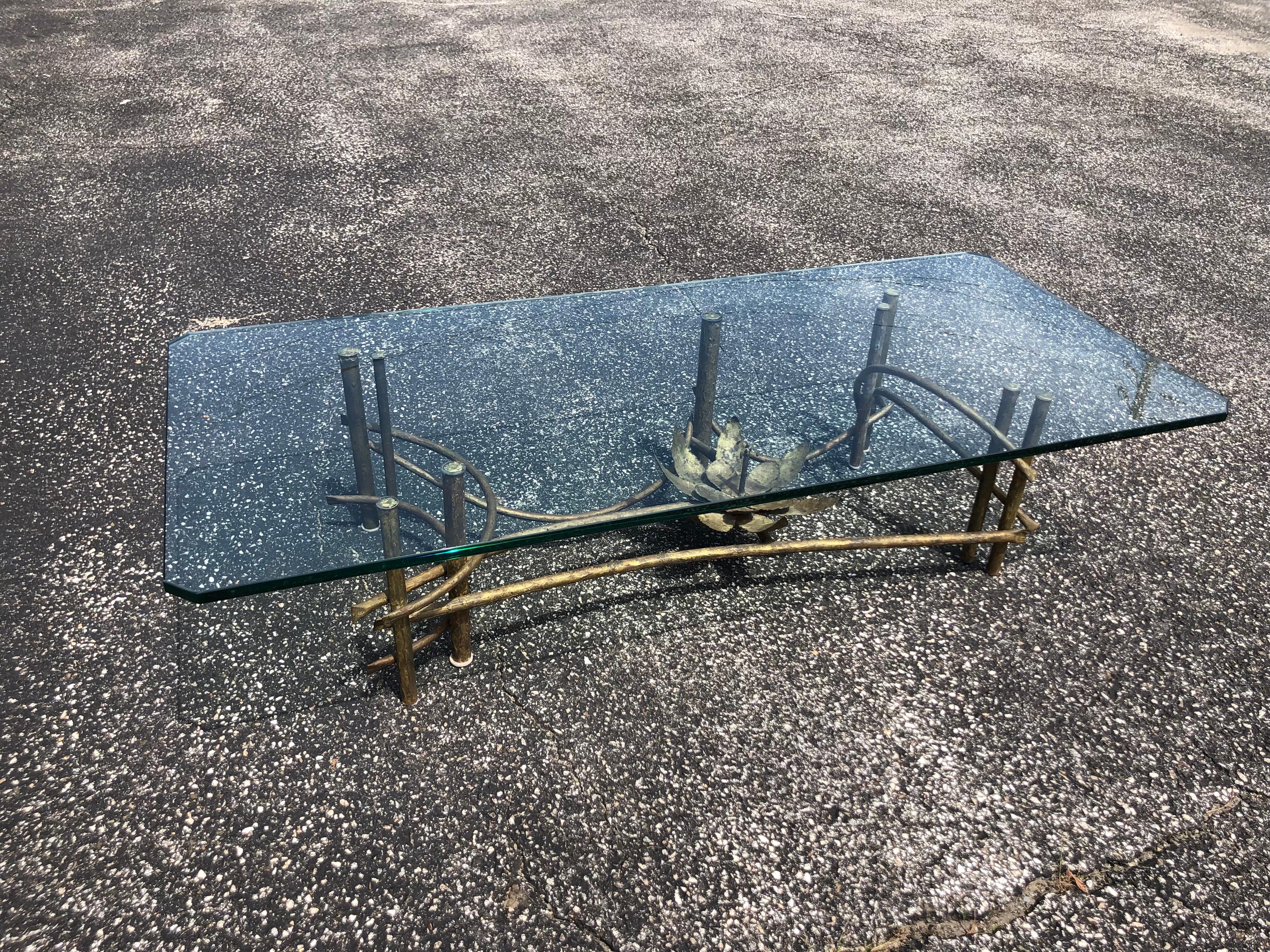 Brutalist midcentury Lotus Flower table by Silas Seandel. Amazing torch cut piece of sculpture to look at, as it functions as a table. The focal centerpiece is a Lotus shaped Water Lilly flower. Mixed metals make up the design. Very thick one inch