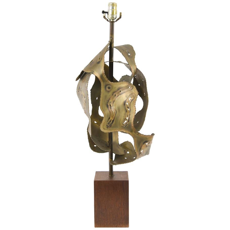 Brutalist Midcentury Torch-Cut Metal Sculptural Table Lamp, Manner of C. Jeré