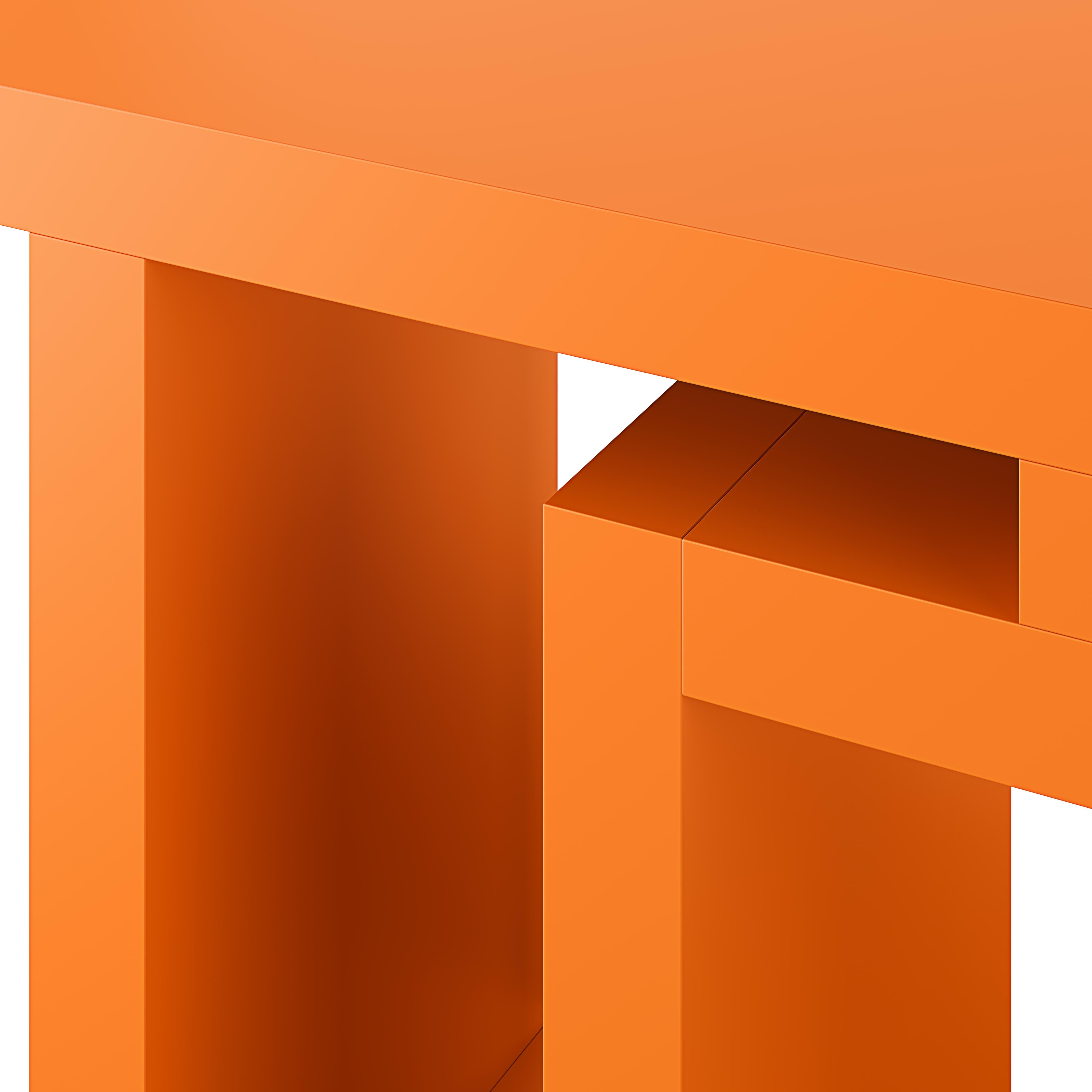 Modern Brutalist Minimal Console Table in Orange Color Geometric Lines For Sale