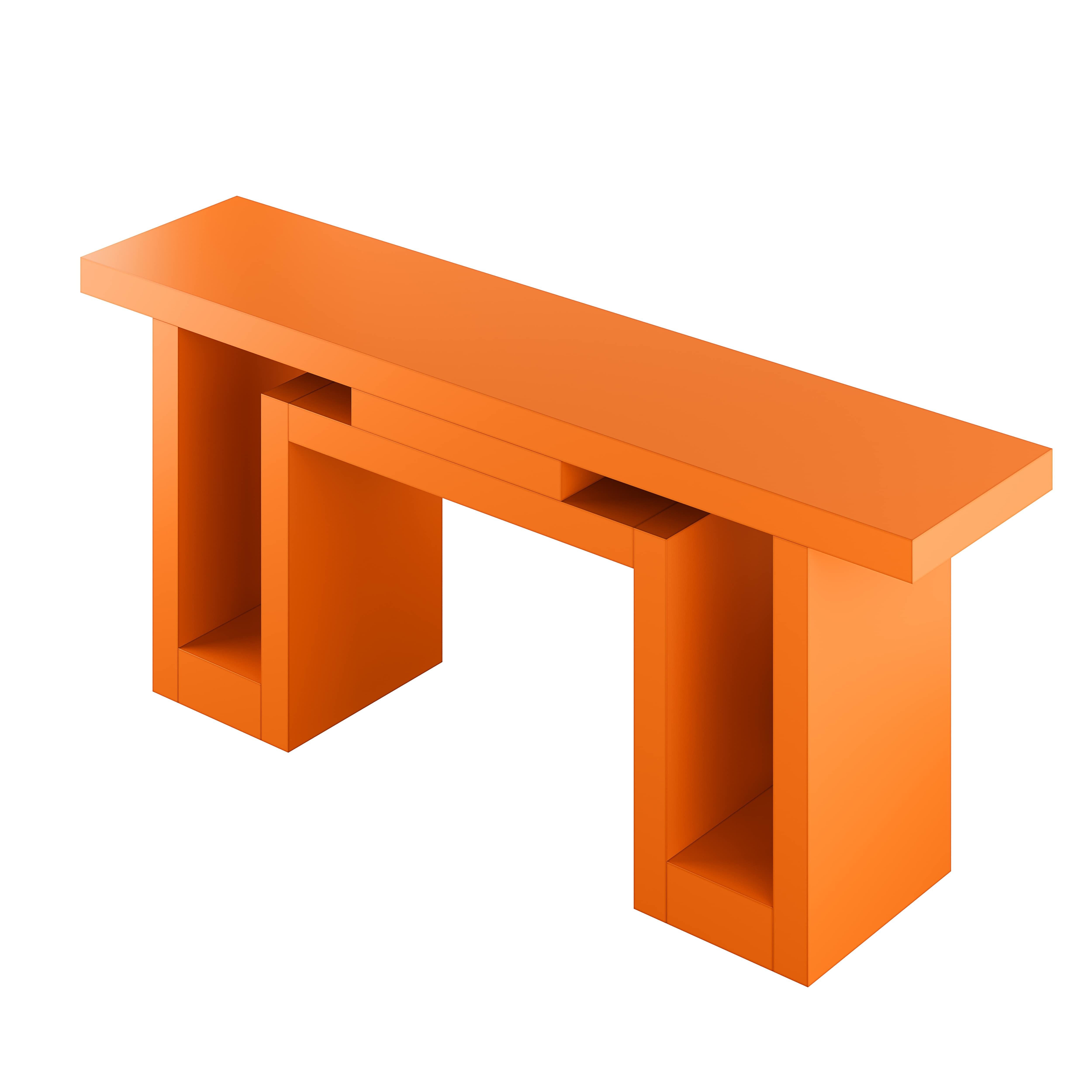 European Brutalist Minimal Console Table in Orange Color Geometric Lines For Sale
