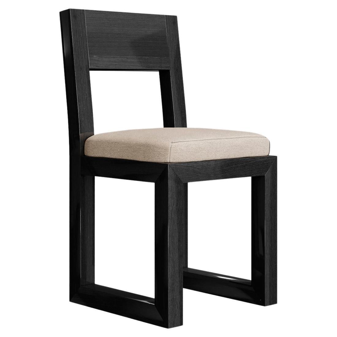 Brutalist Minimal Dining Chair Black Wengue Wood, White Velvet Seat