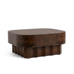 Brutalist Minimalist Glossy Burl Coffee Table with Fluted Pedestal Base