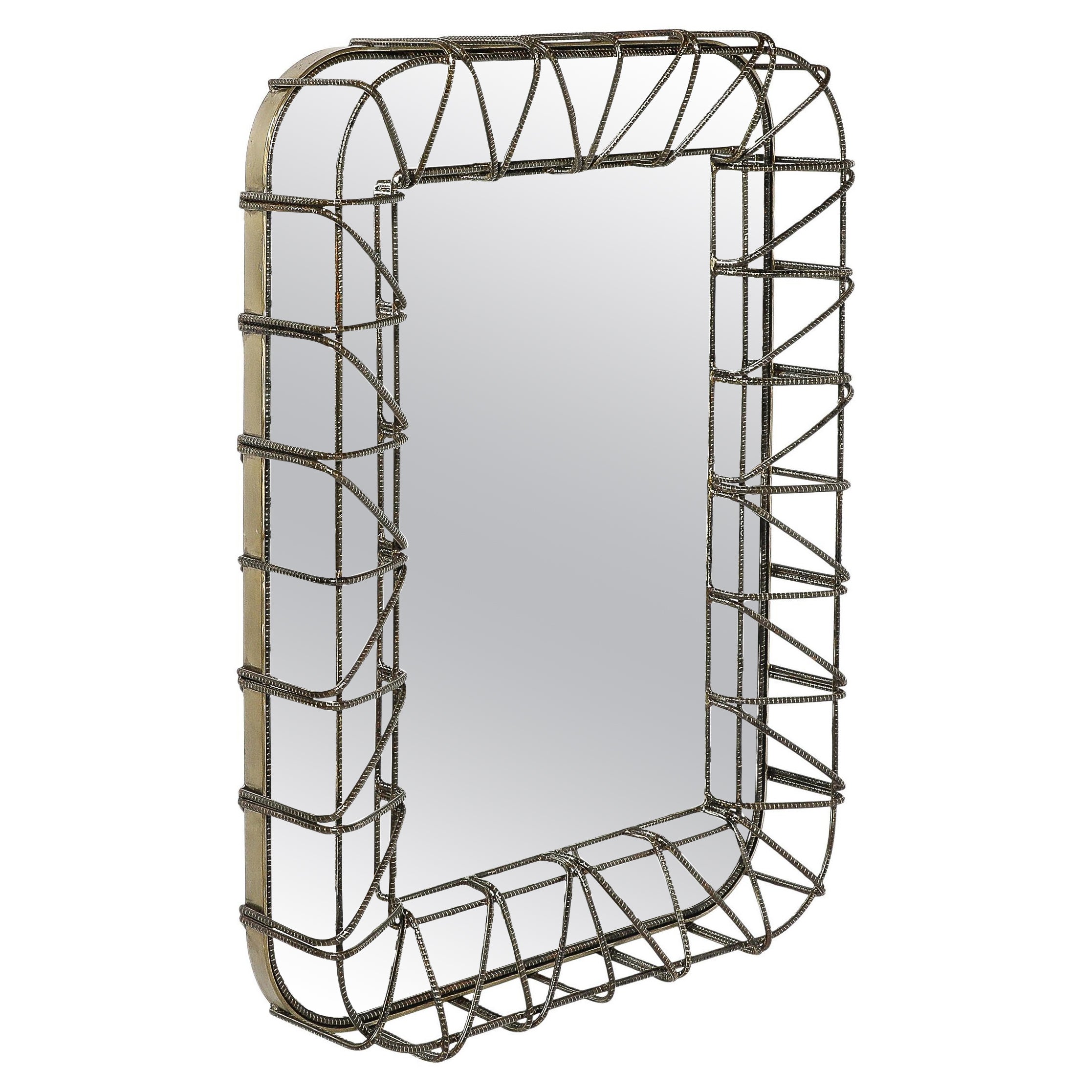 Brutalist Mirror in Sculptural Welded Rebar