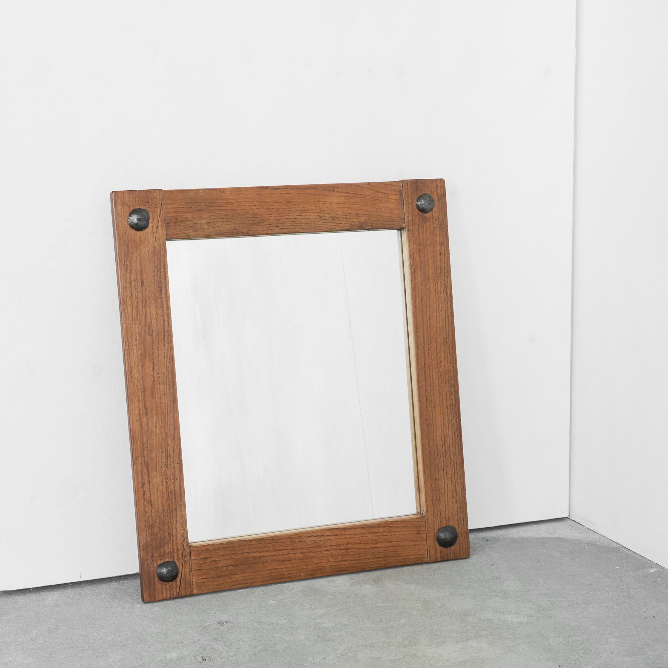 Unknown Brutalist Mirror in Solid Oak and Metal 1970s