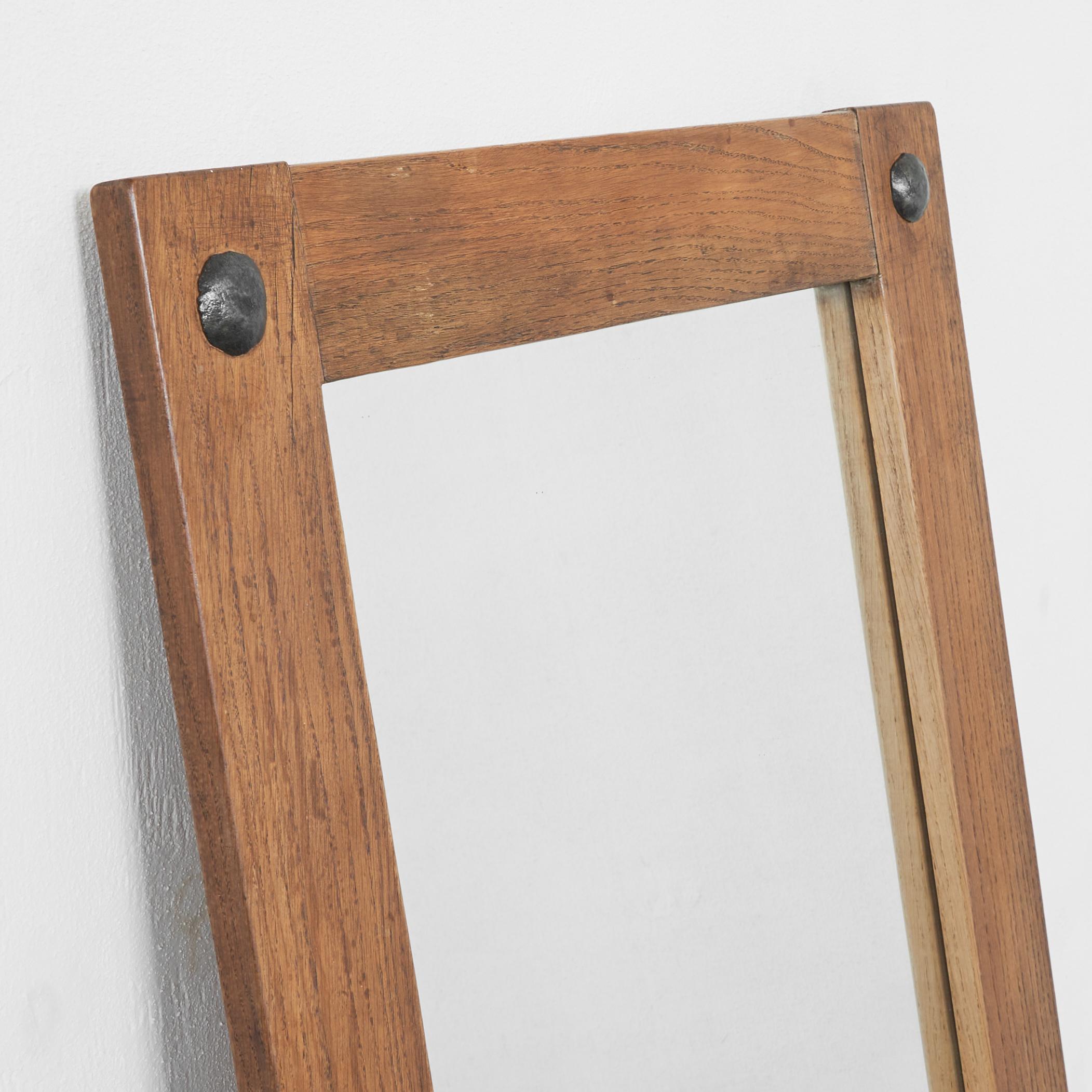 20th Century Brutalist Mirror in Solid Oak and Metal 1970s