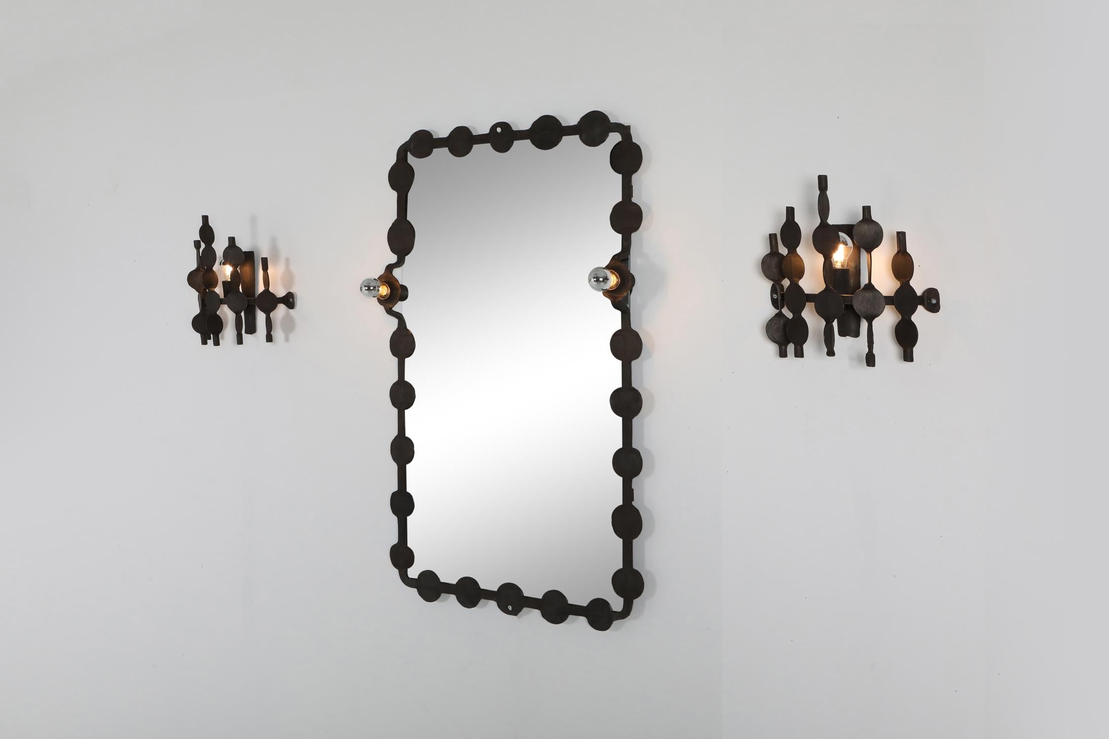 French Brutalist Mirror with Lights Atelier Français