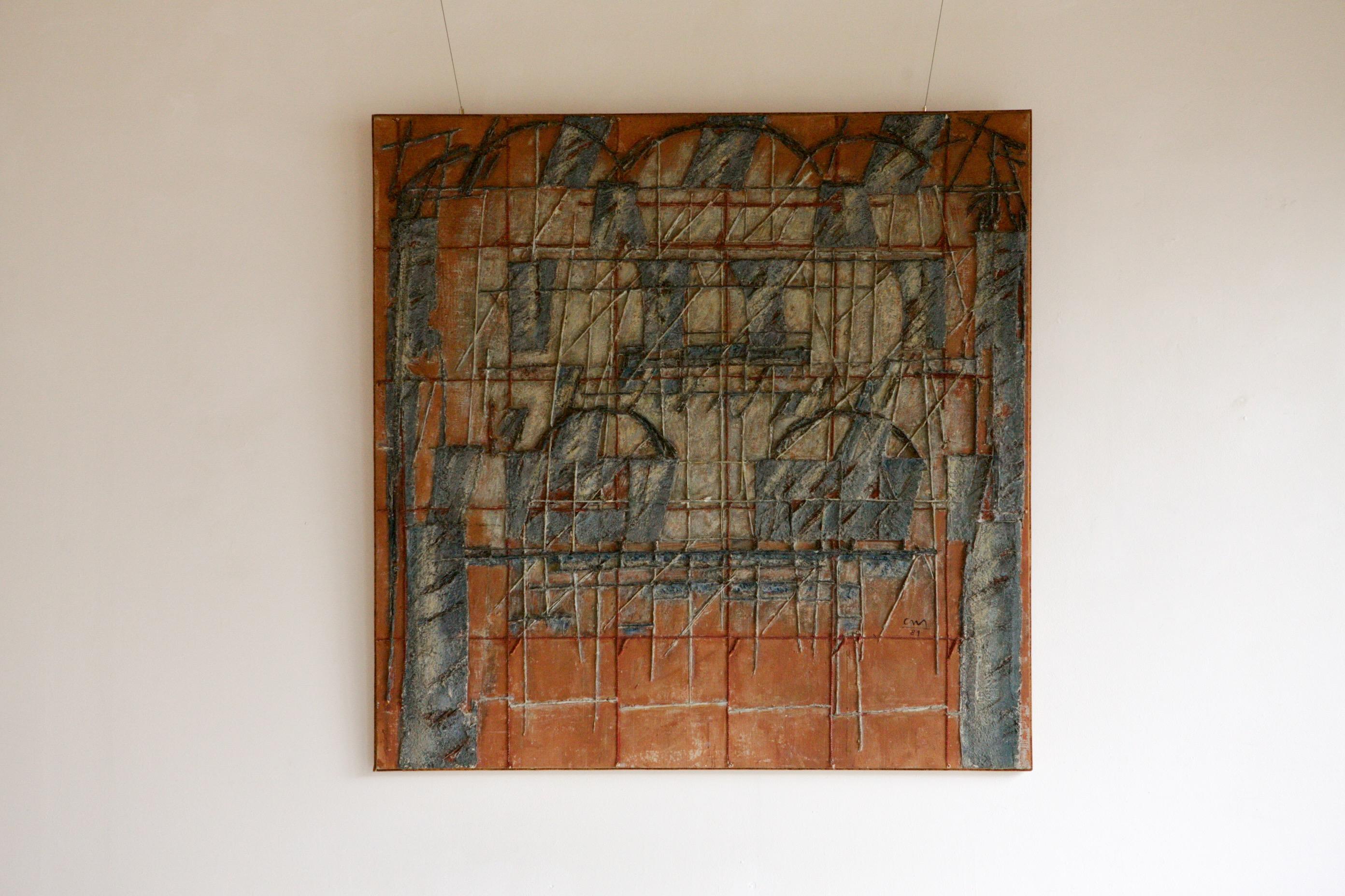 A very large scale brutalist painting in oil, string and paper on canvas and in an artists frame. Dark red sits behind a grey blue which is raised by a textured relief of horizontal and vertical lines.