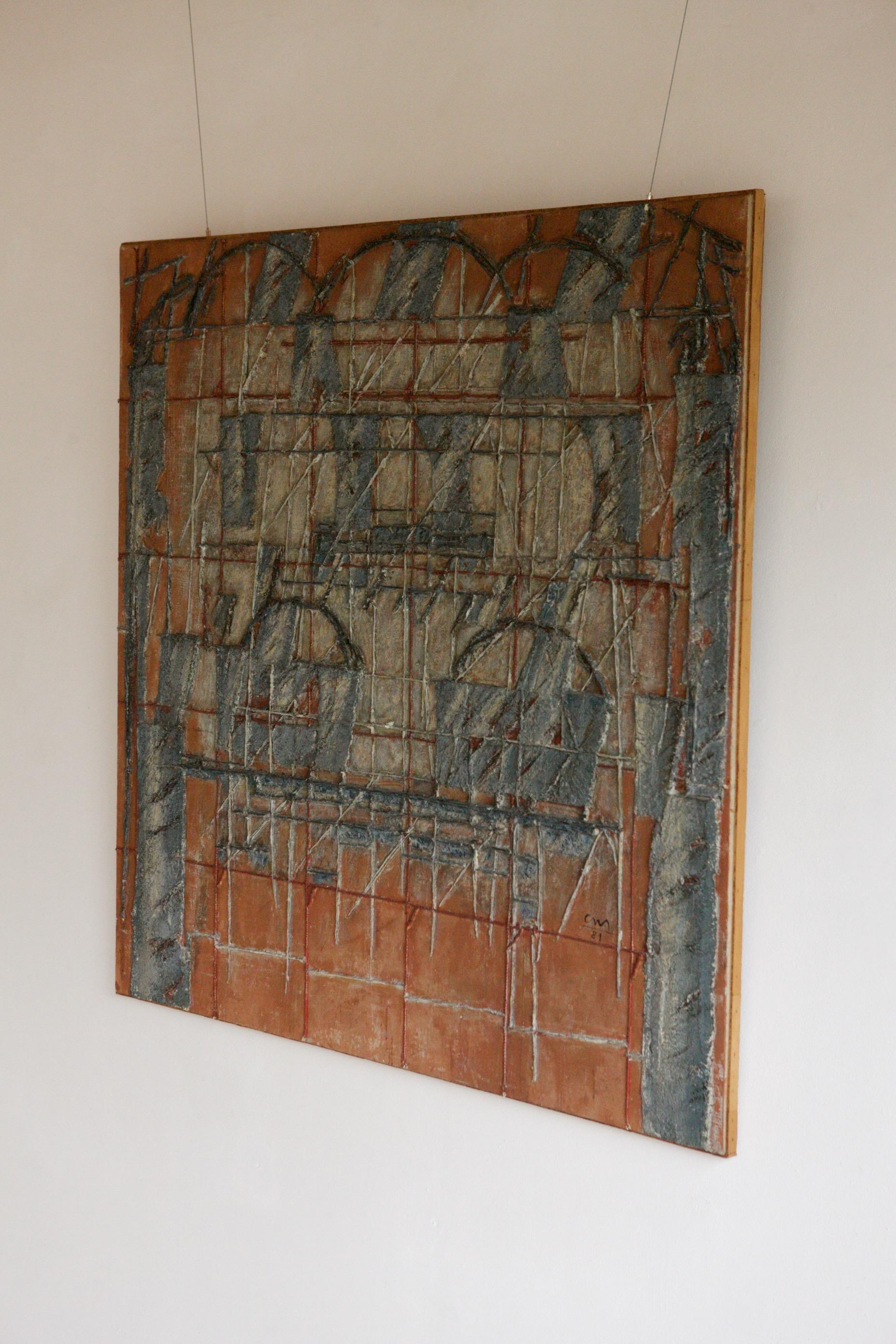 French Brutalist mixed media 1981. Oil, String and Paper on Canvas For Sale