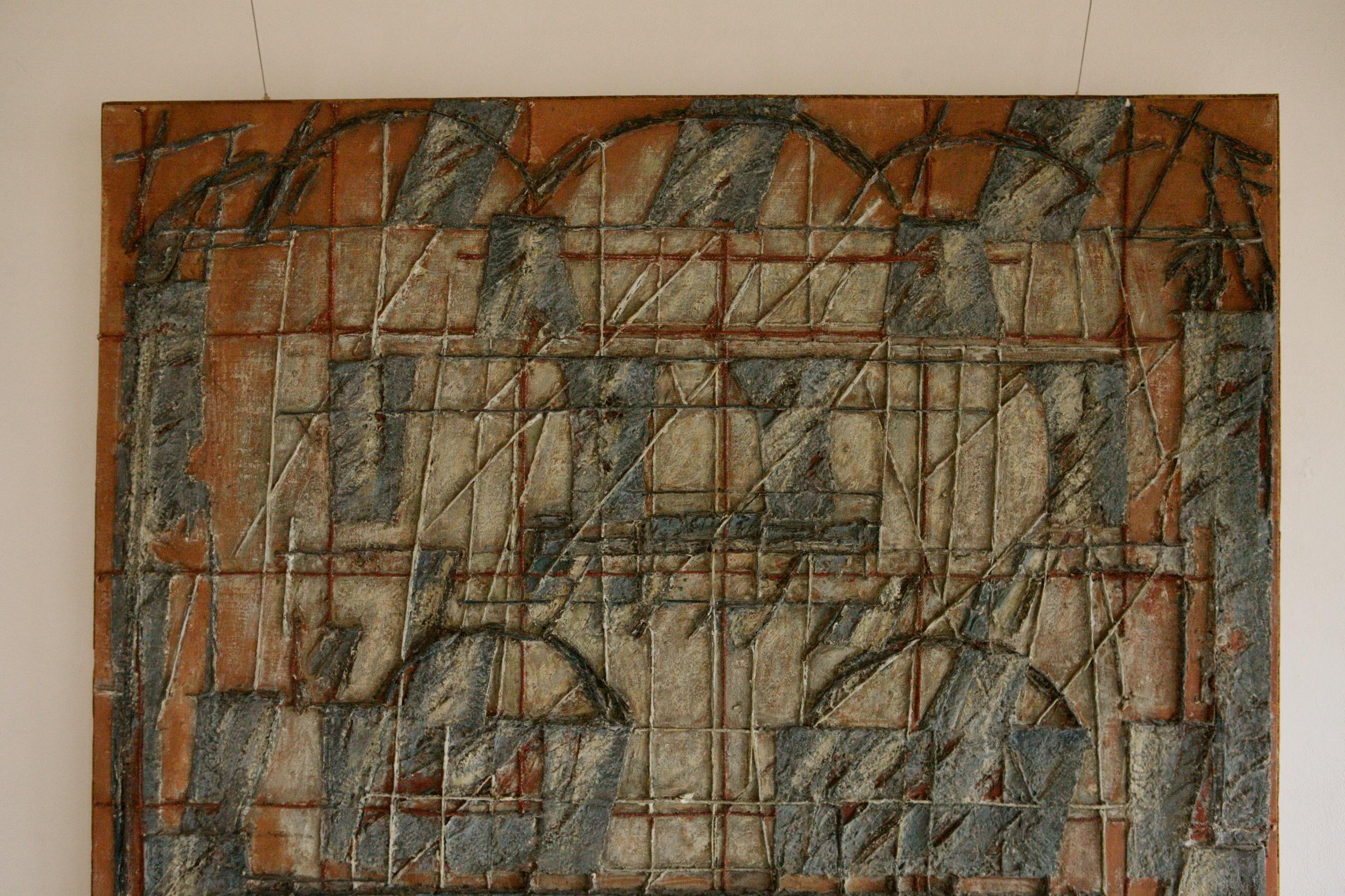 Brutalist mixed media 1981. Oil, String and Paper on Canvas For Sale 1