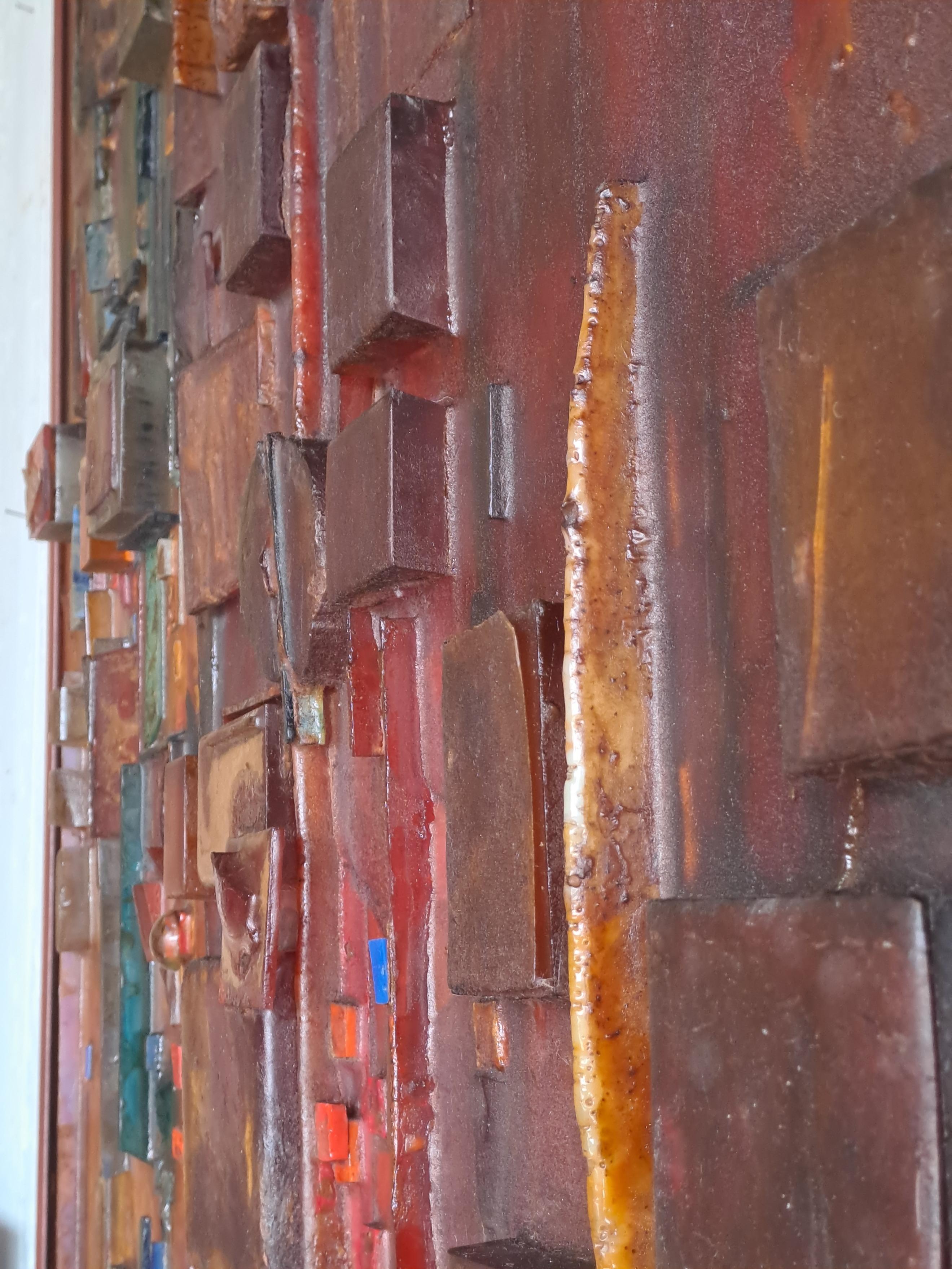 Large work in resin, pigments and enamels.
Geometrical abstraction.
Work signed Timmermans.
Circa 1960-1970.
Original metal frame.