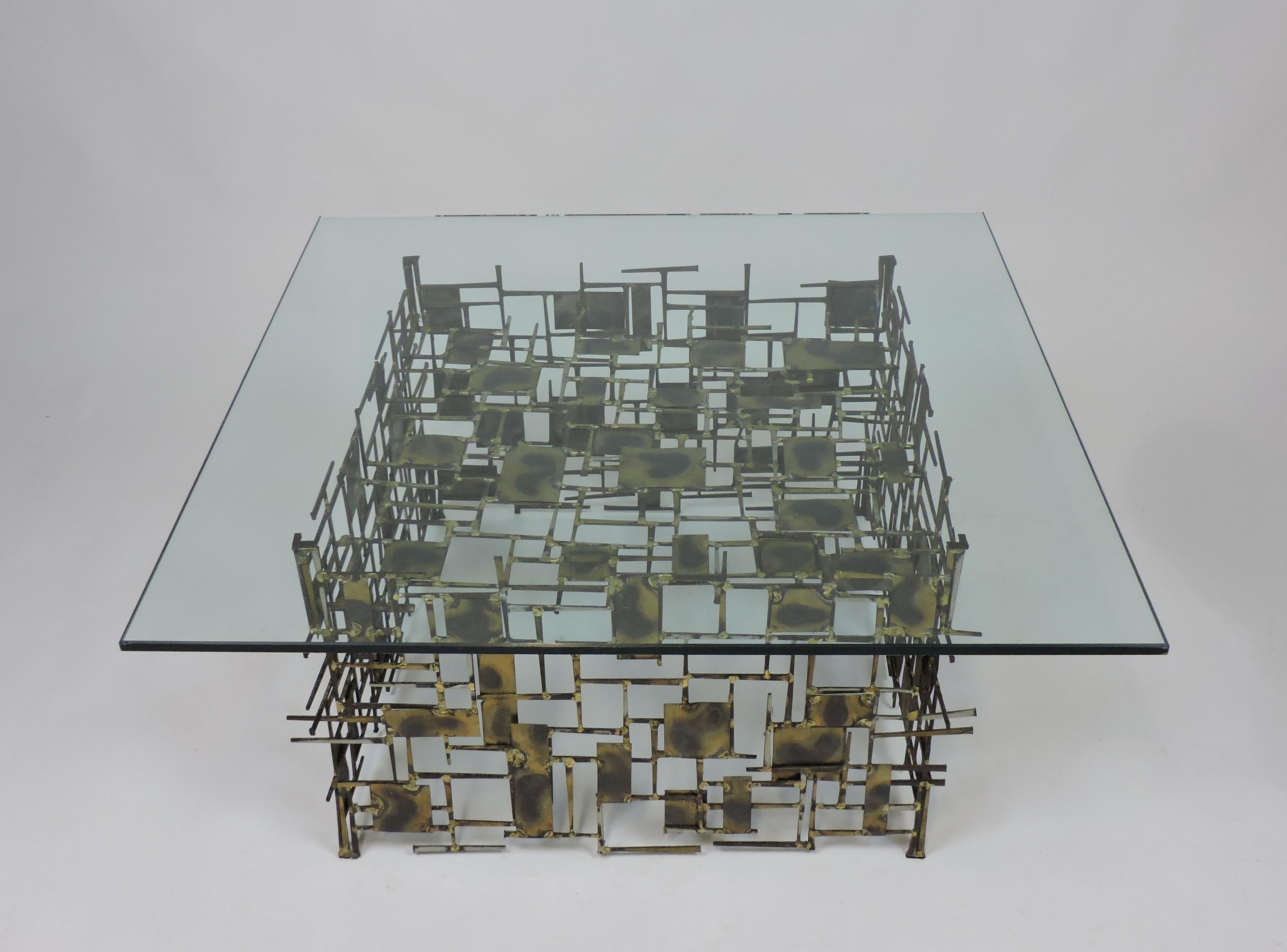 Brutalist Mixed Metal and Glass Marc Creates Coffee Table Seandel Style 5