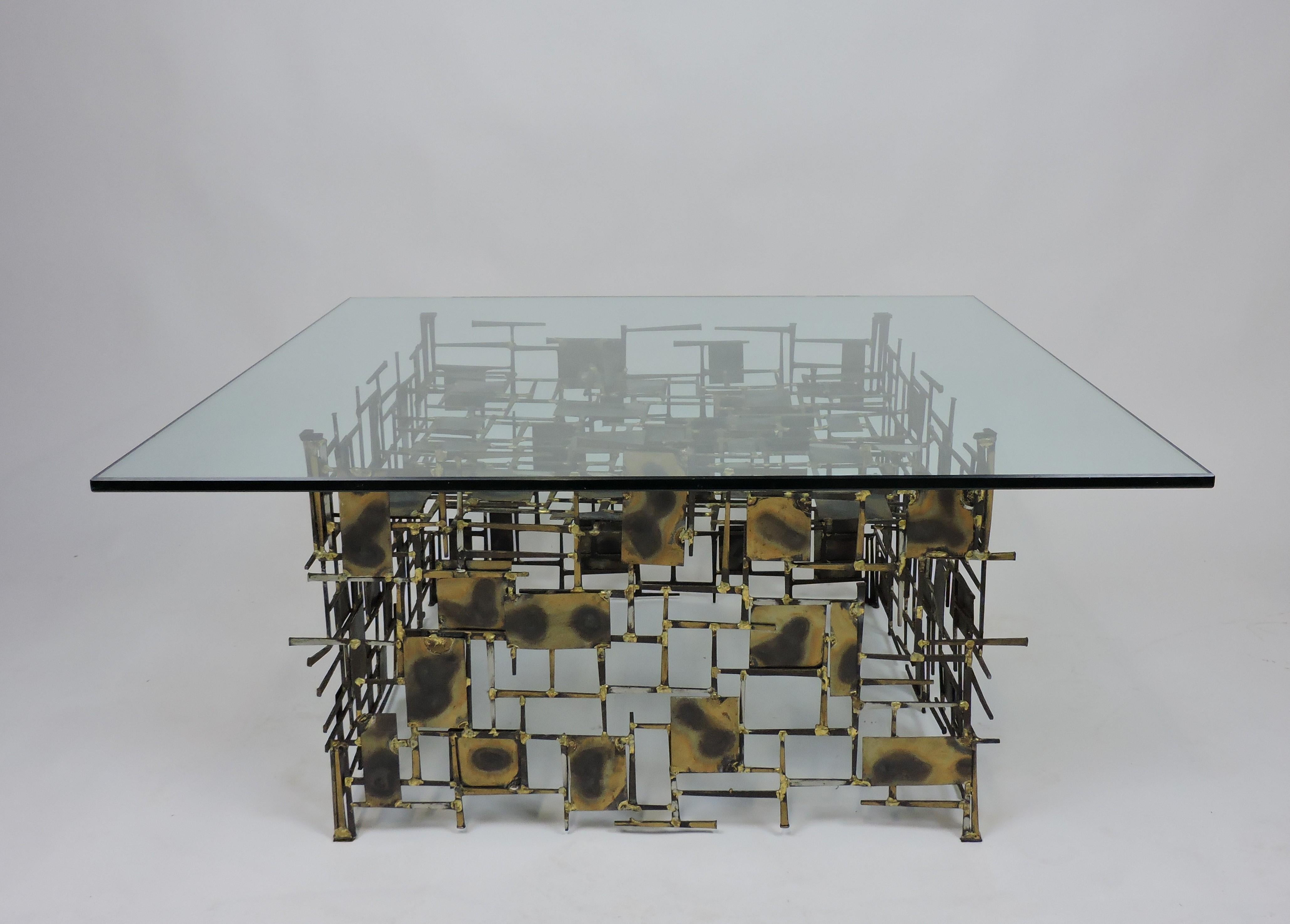 American Brutalist Mixed Metal and Glass Marc Creates Coffee Table Seandel Style