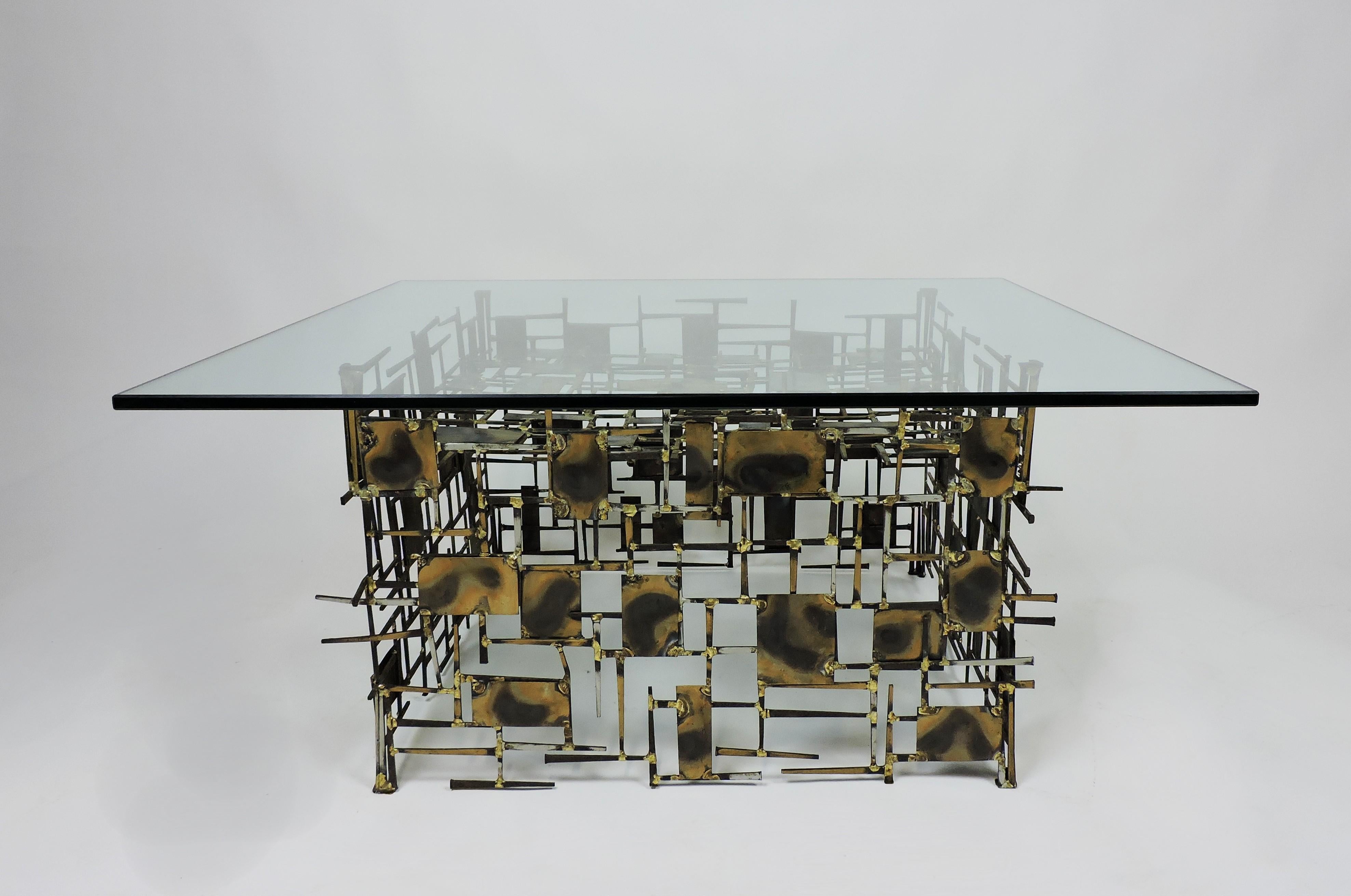 Welded Brutalist Mixed Metal and Glass Marc Creates Coffee Table Seandel Style