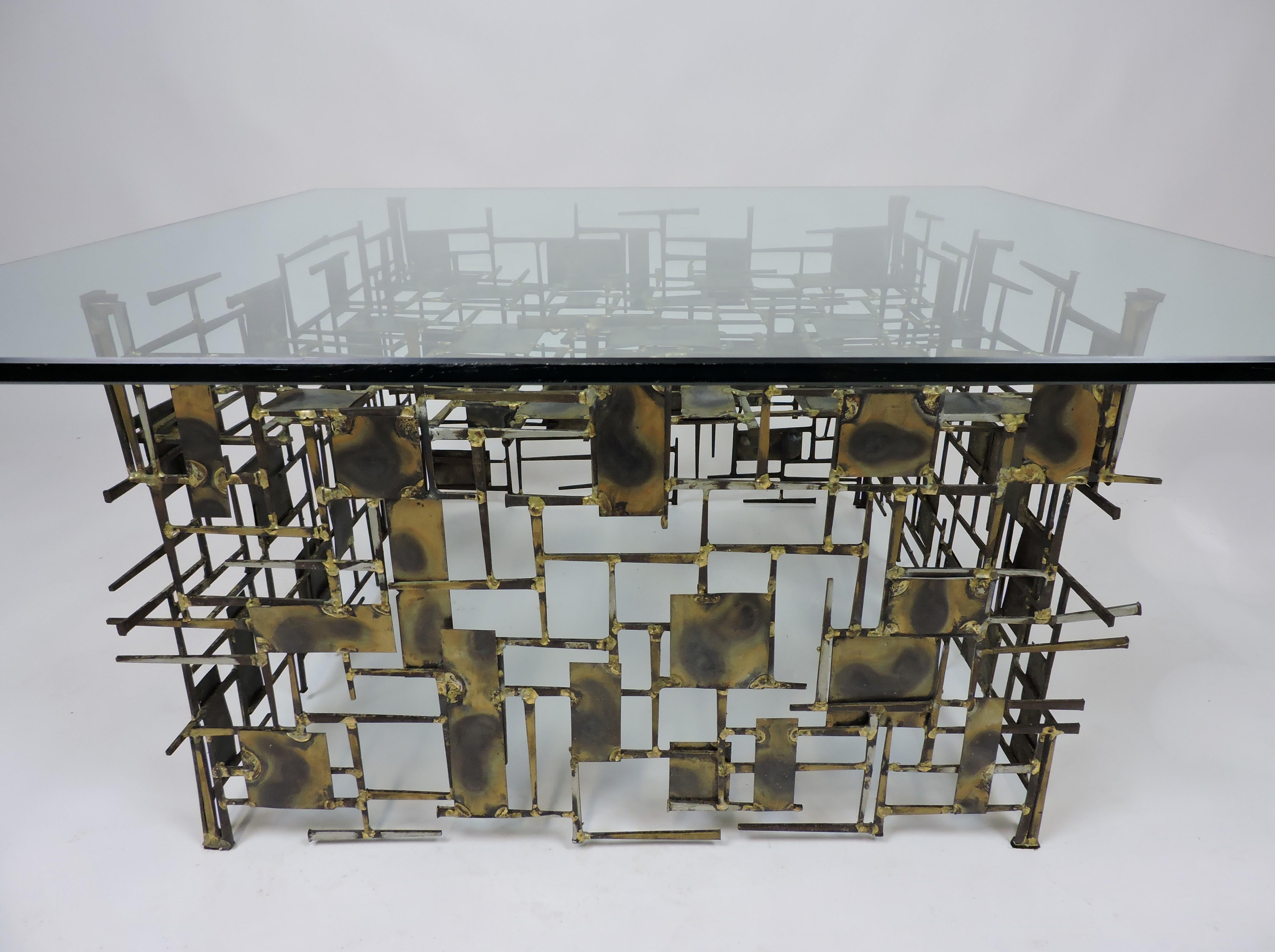 Brutalist Mixed Metal and Glass Marc Creates Coffee Table Seandel Style 1