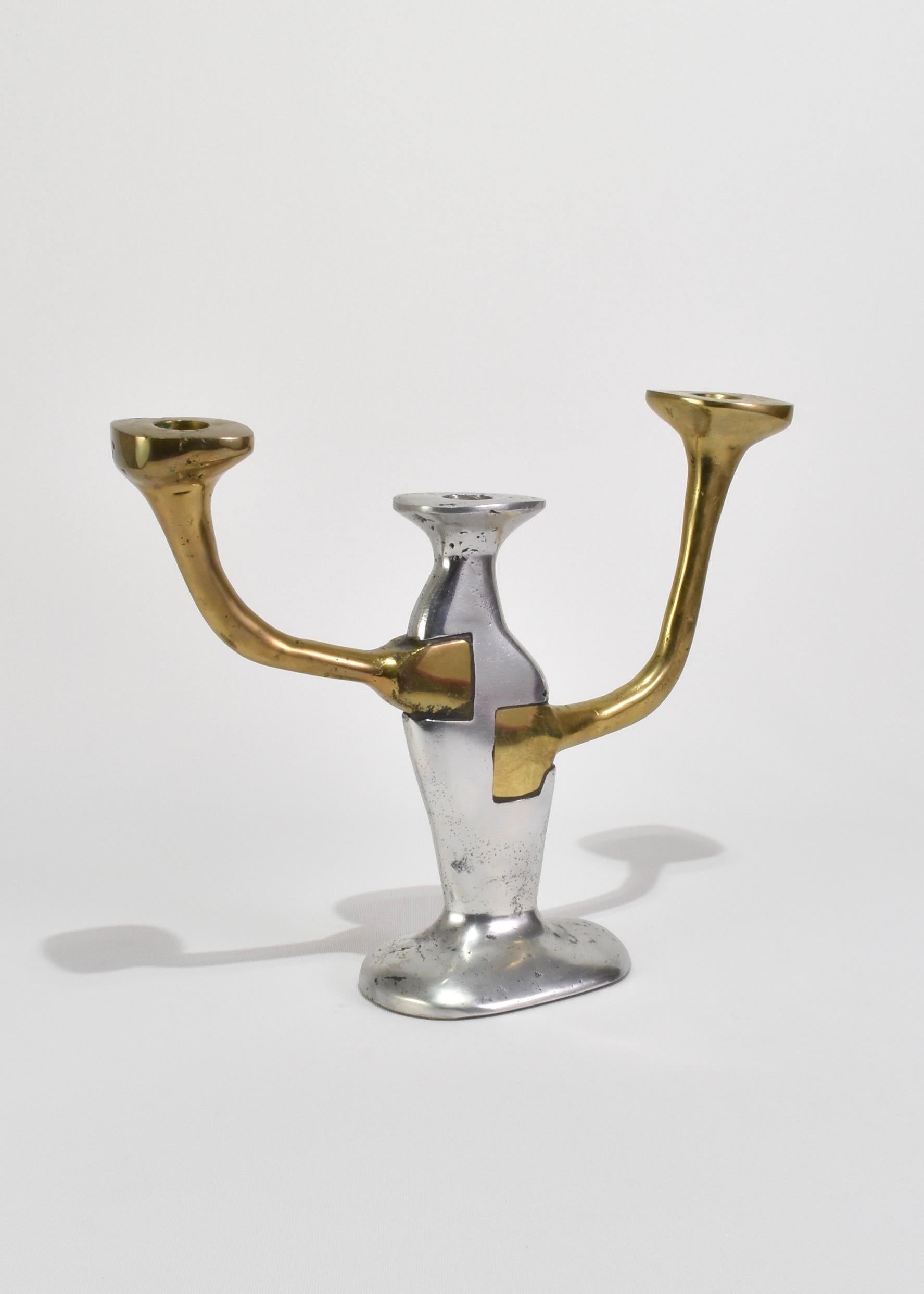 Heavy vintage brutalist candelabra in contrasting aluminum and brass, attributed to David Marshall. Not signed. Ca. 1970s.