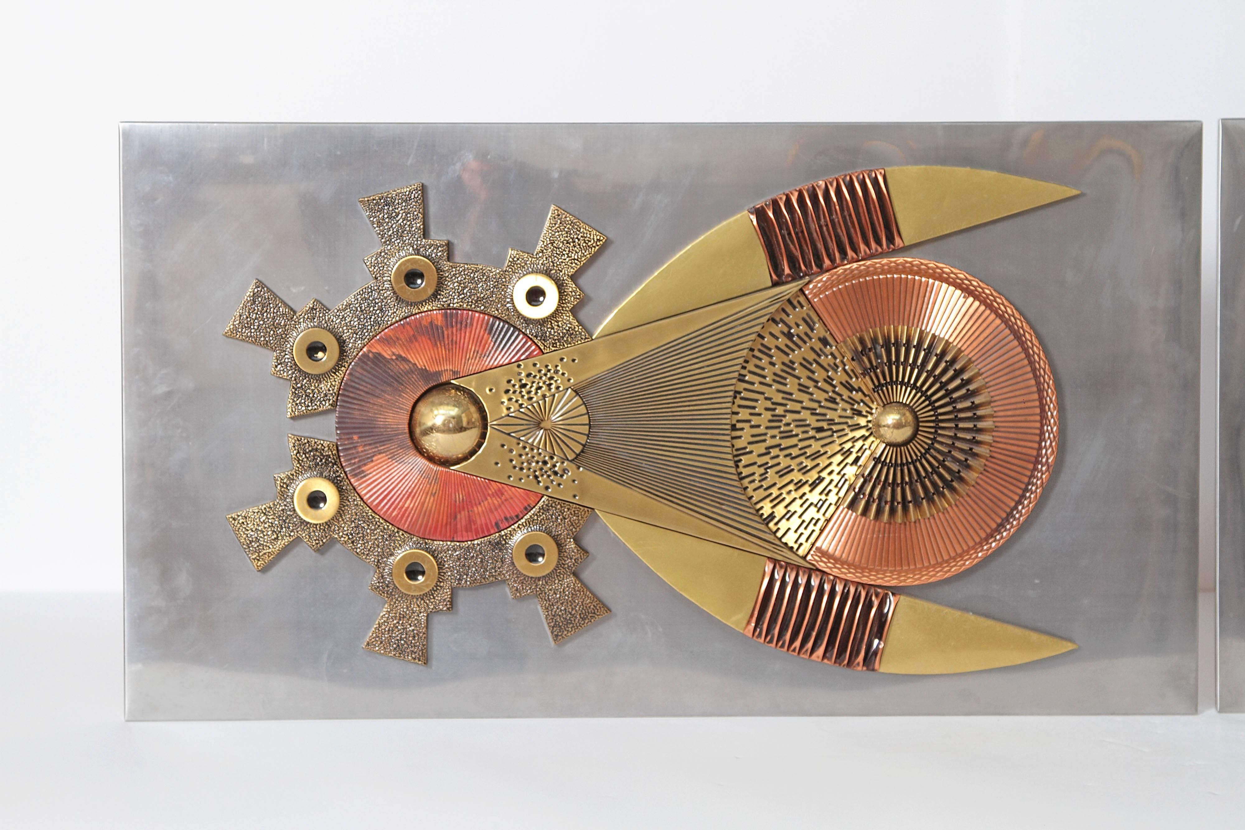 Mid-Century Modern Brutalist mixed-metal wall relief sculptures with great texture and patina in the style of Paul Vanders.

$1,800.00 each 

$3,600.00 both.