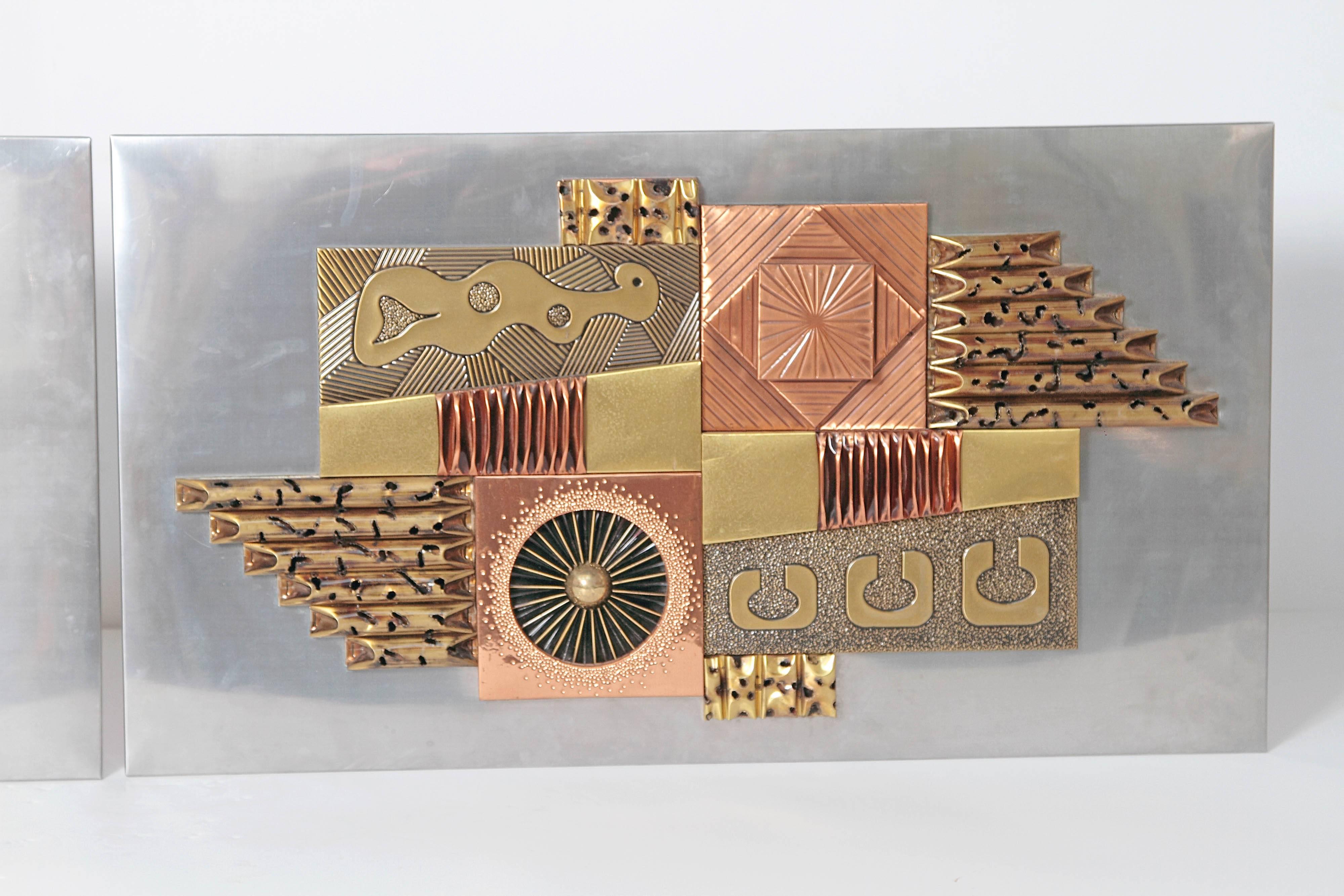 Late 20th Century Brutalist Mixed Metal Wall Relief Sculptures in the Style of Paul Vanders