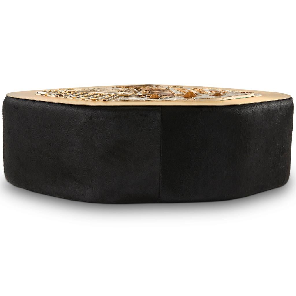 Brutalist Modern Ceramic, Brass & Black Hair on Hide Coffee Table Egg Designs For Sale 5