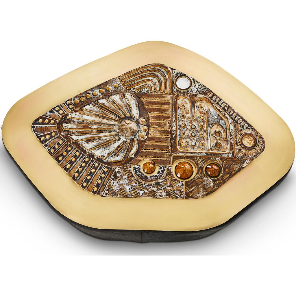 Brutalist Modern Ceramic, Brass & Black Hair on Hide Coffee Table Egg Designs In New Condition For Sale In Bothas Hill, KZN