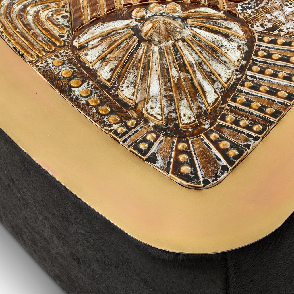 Brutalist Modern Ceramic, Brass & Black Hair on Hide Coffee Table Egg Designs For Sale 1