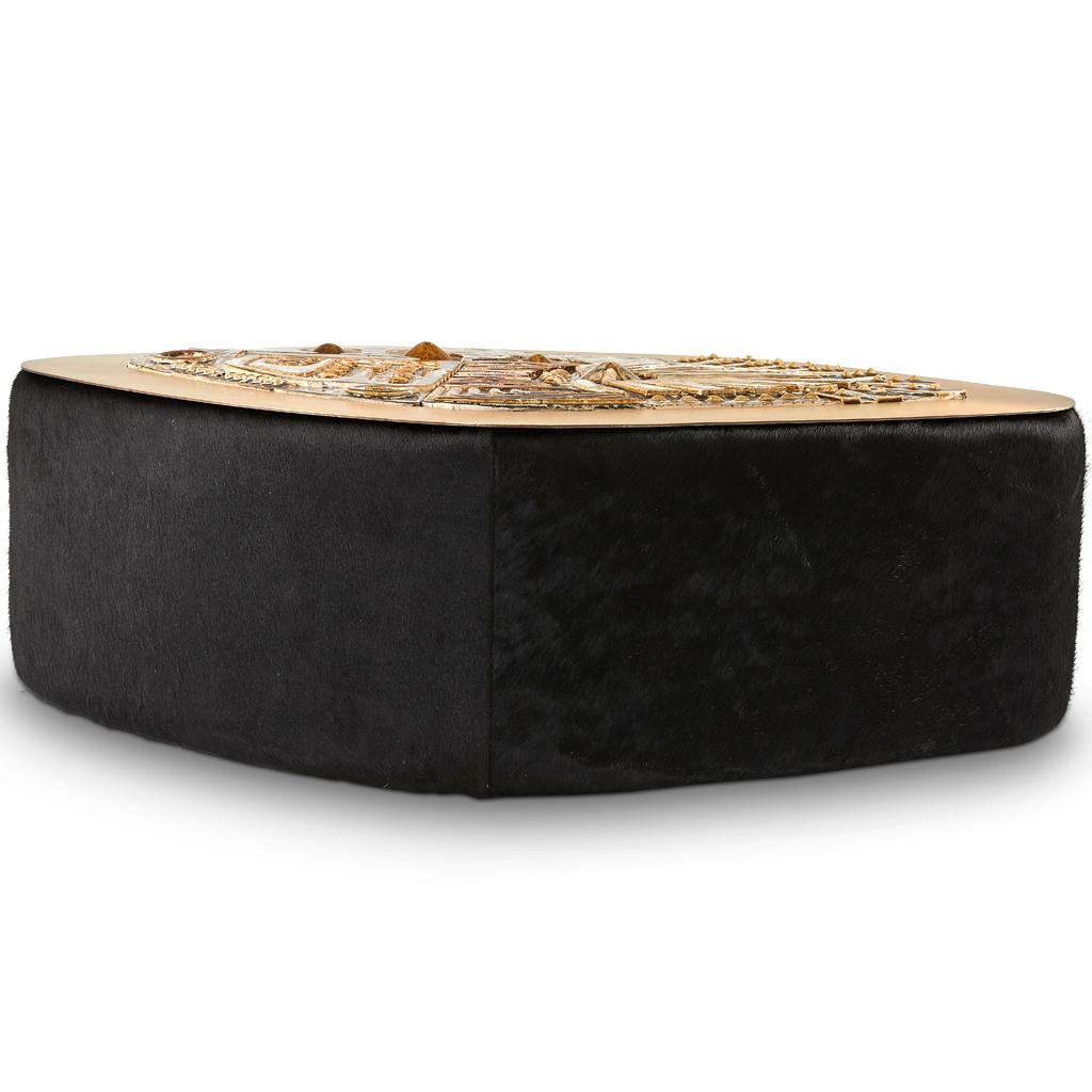 Brutalist Modern Ceramic, Brass & Black Hair on Hide Coffee Table Egg Designs For Sale 2