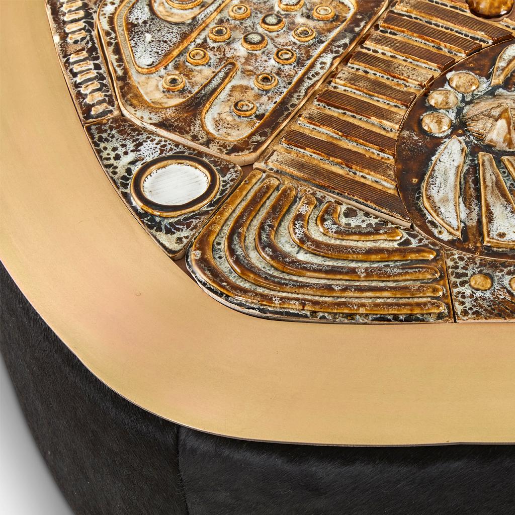 Brutalist Modern Ceramic, Brass & Black Hair on Hide Coffee Table Egg Designs For Sale 3