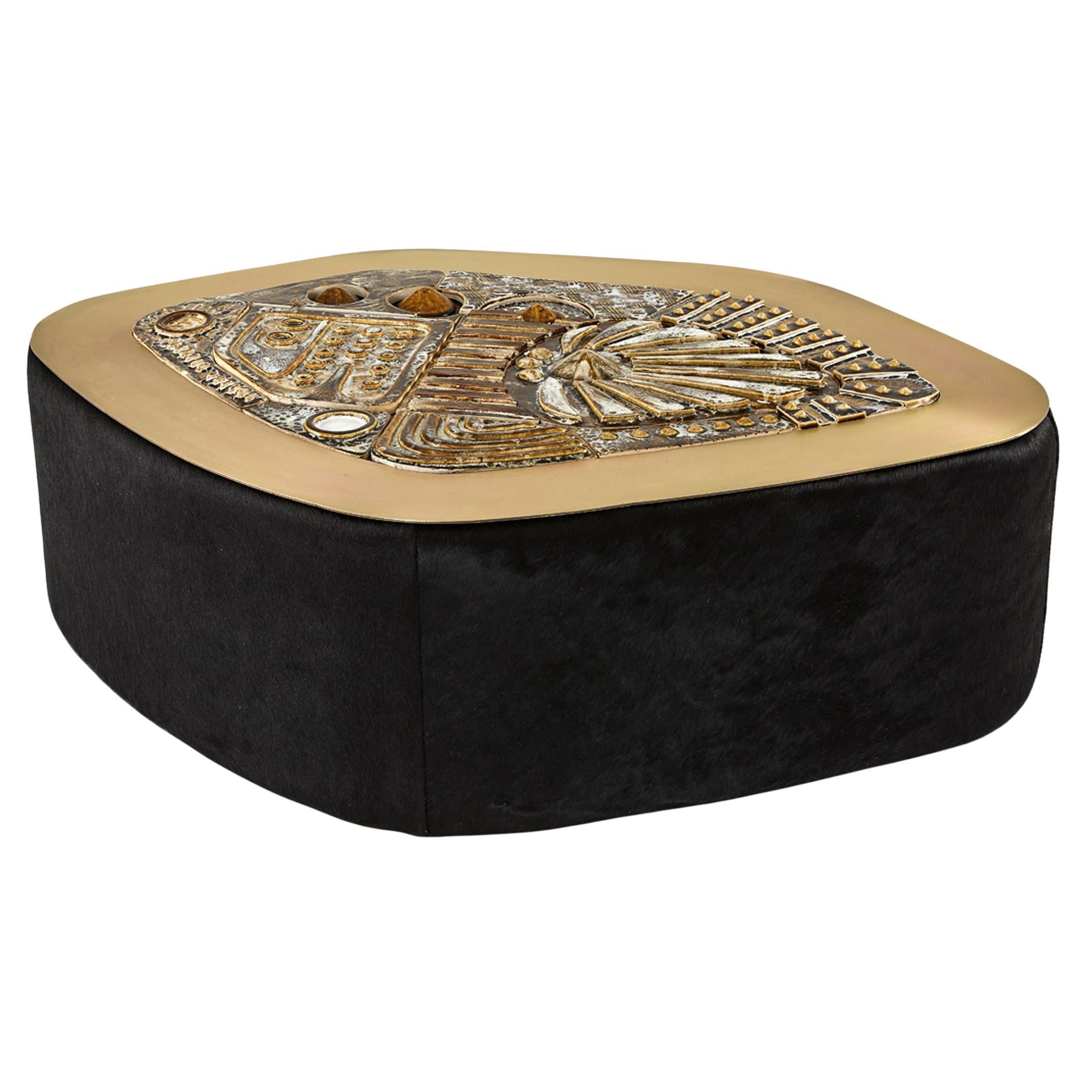 Brutalist Modern Ceramic, Brass & Black Hair on Hide Coffee Table Egg Designs For Sale