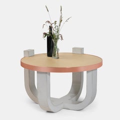 Brutalist Modern Concrete Leather-Top Round Coffee Table with Rose Gold Detail