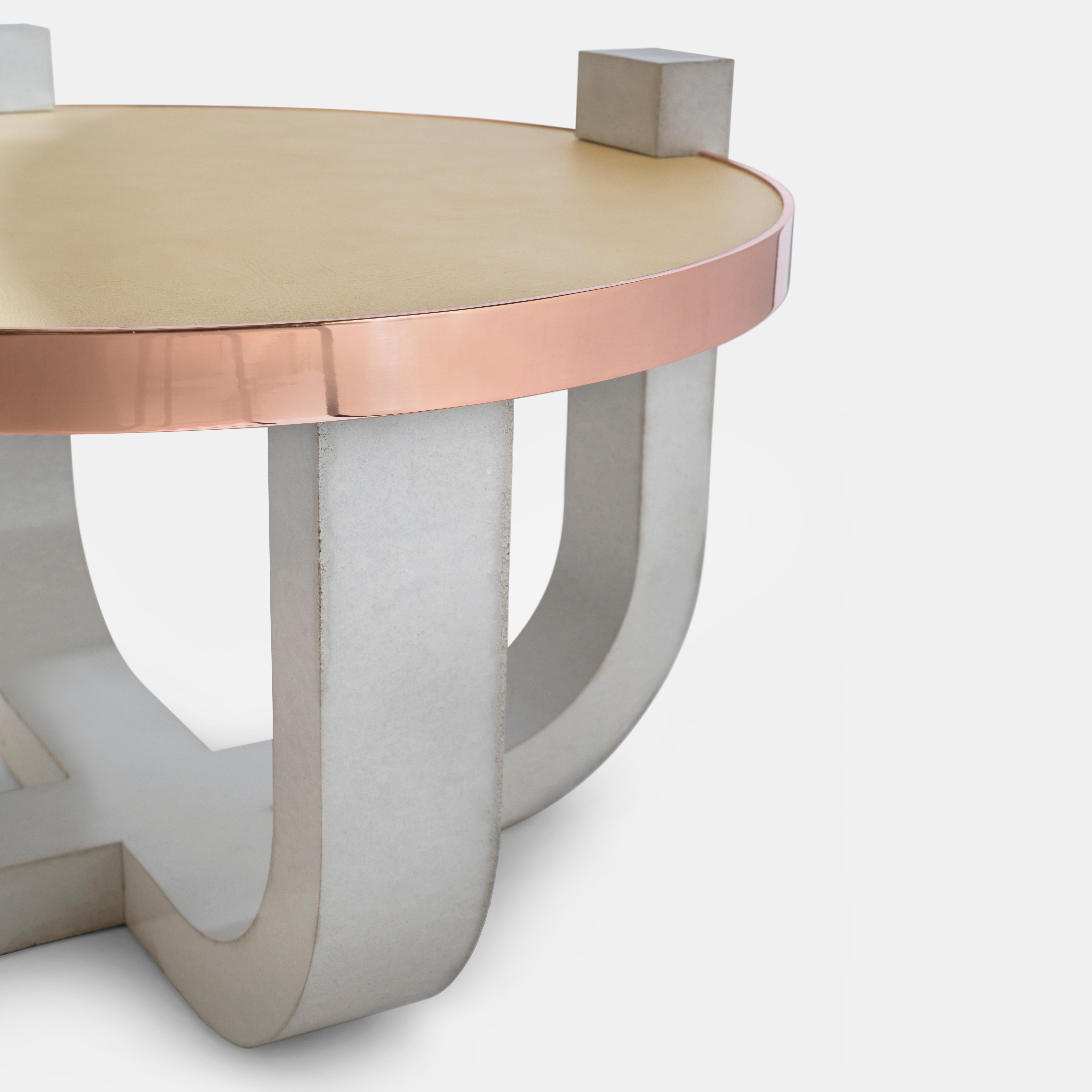 Plated Brutalist Modern Concrete Leather-Top Round Coffee Table with Rose Gold Detail For Sale