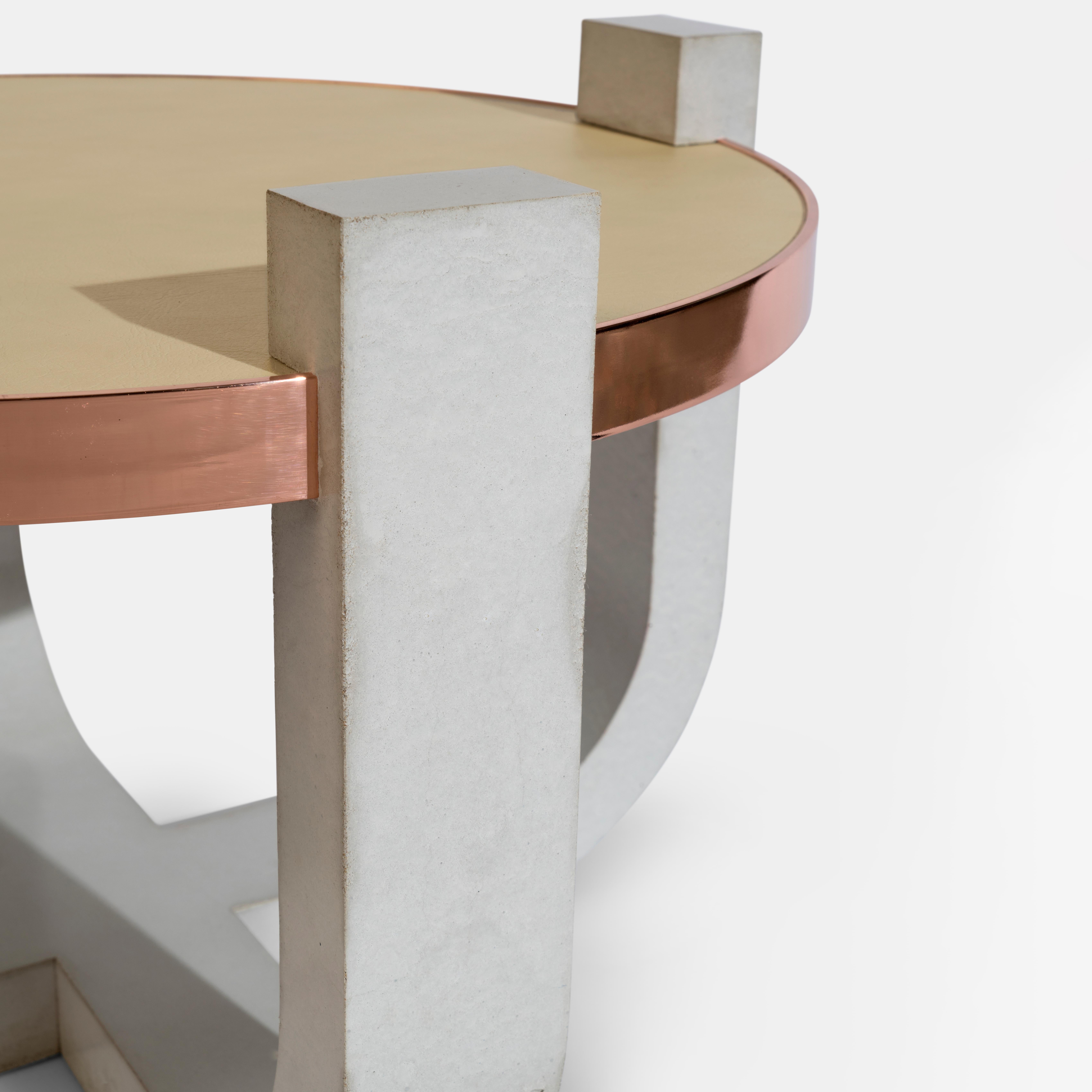 Brutalist Modern Concrete Leather-Top Round Coffee Table with Rose Gold Detail In New Condition For Sale In New York, NY