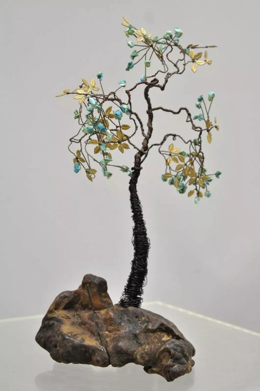 Sculpture brutaliste moderne en cuivre fil de fer 14 pouces Bonsaï arbre, feuilles de laiton, fruits et pierre 3