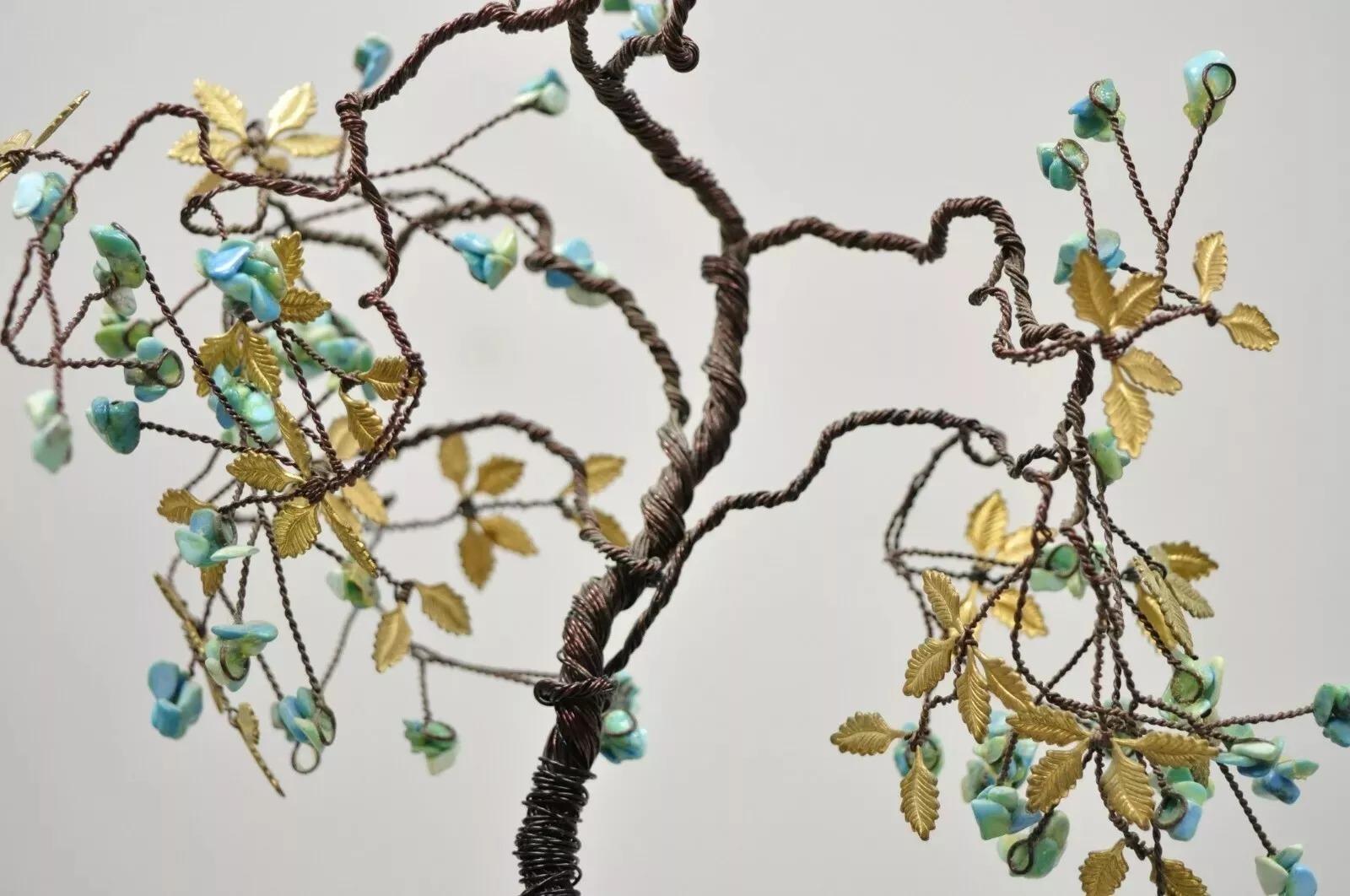 Mid-Century Modern Sculpture brutaliste moderne en cuivre fil de fer 14 pouces Bonsaï arbre, feuilles de laiton, fruits et pierre